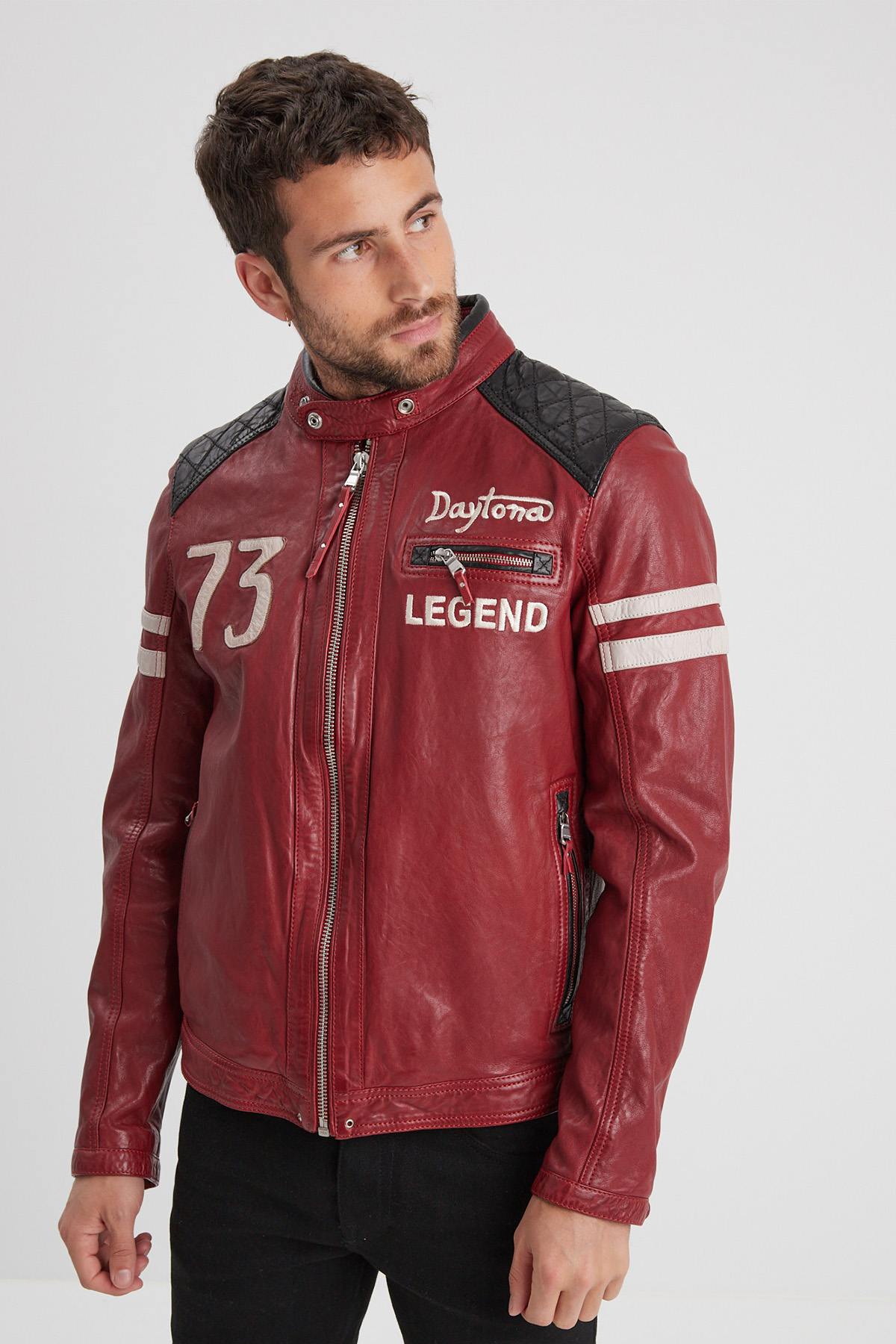 Men's red leather biker jacket - Image n°1