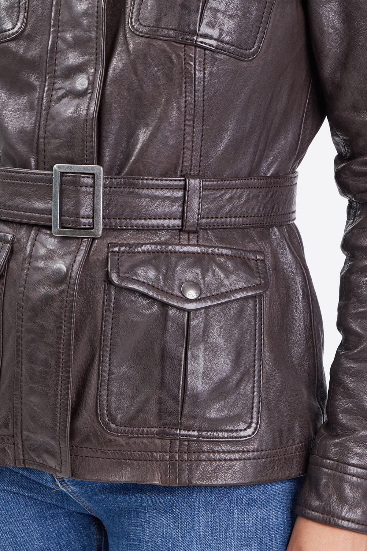 Women's brown leather mid-length jacket - Image n°4