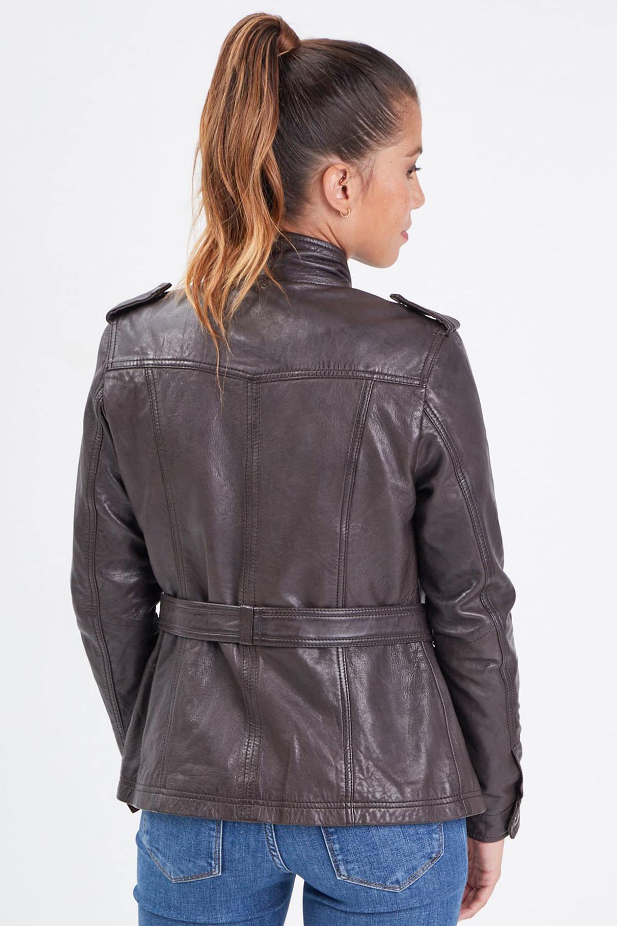 Women's brown leather mid-length jacket - Image n°3