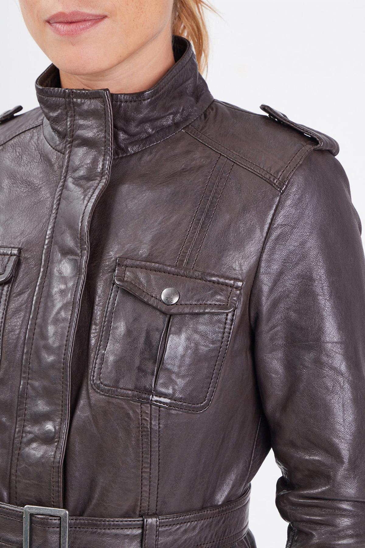 Women's brown leather mid-length jacket - Image n°5