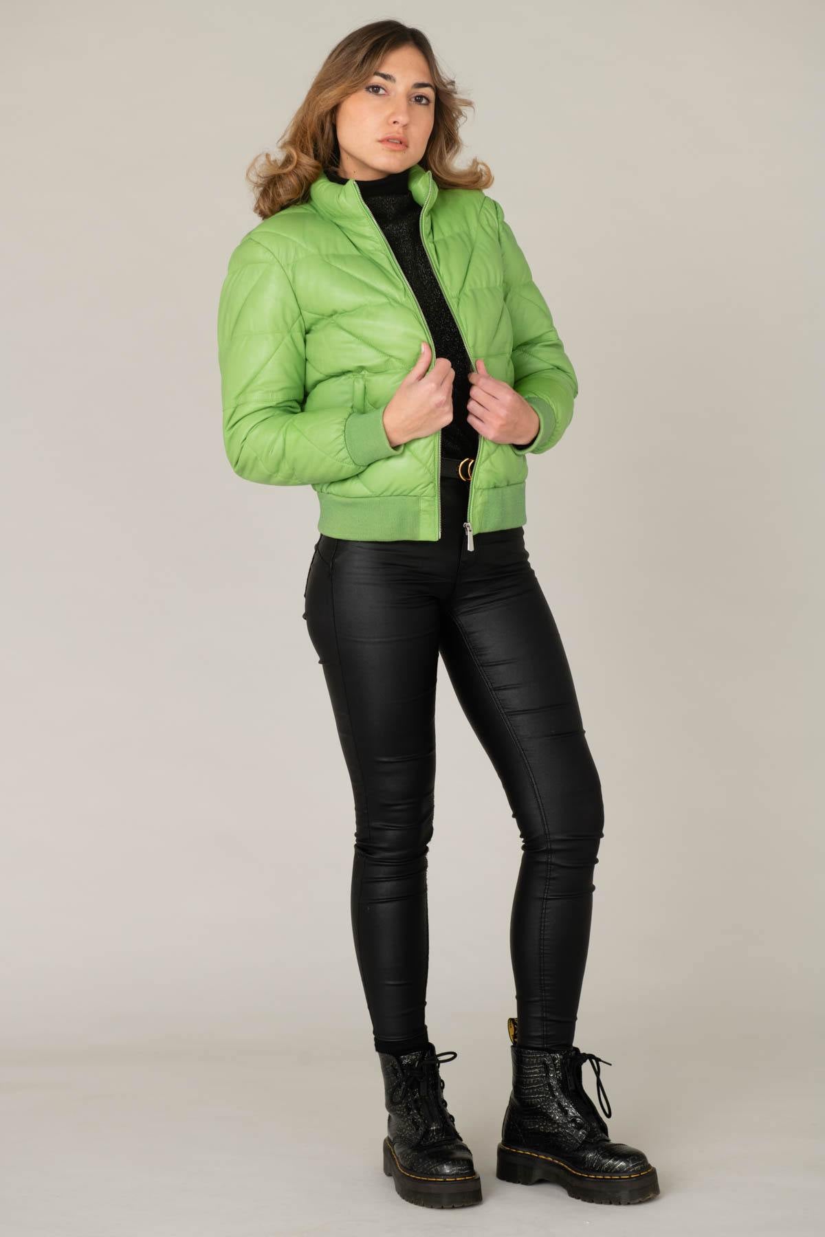 Women's leather down jacket in apple green color - Image n°2