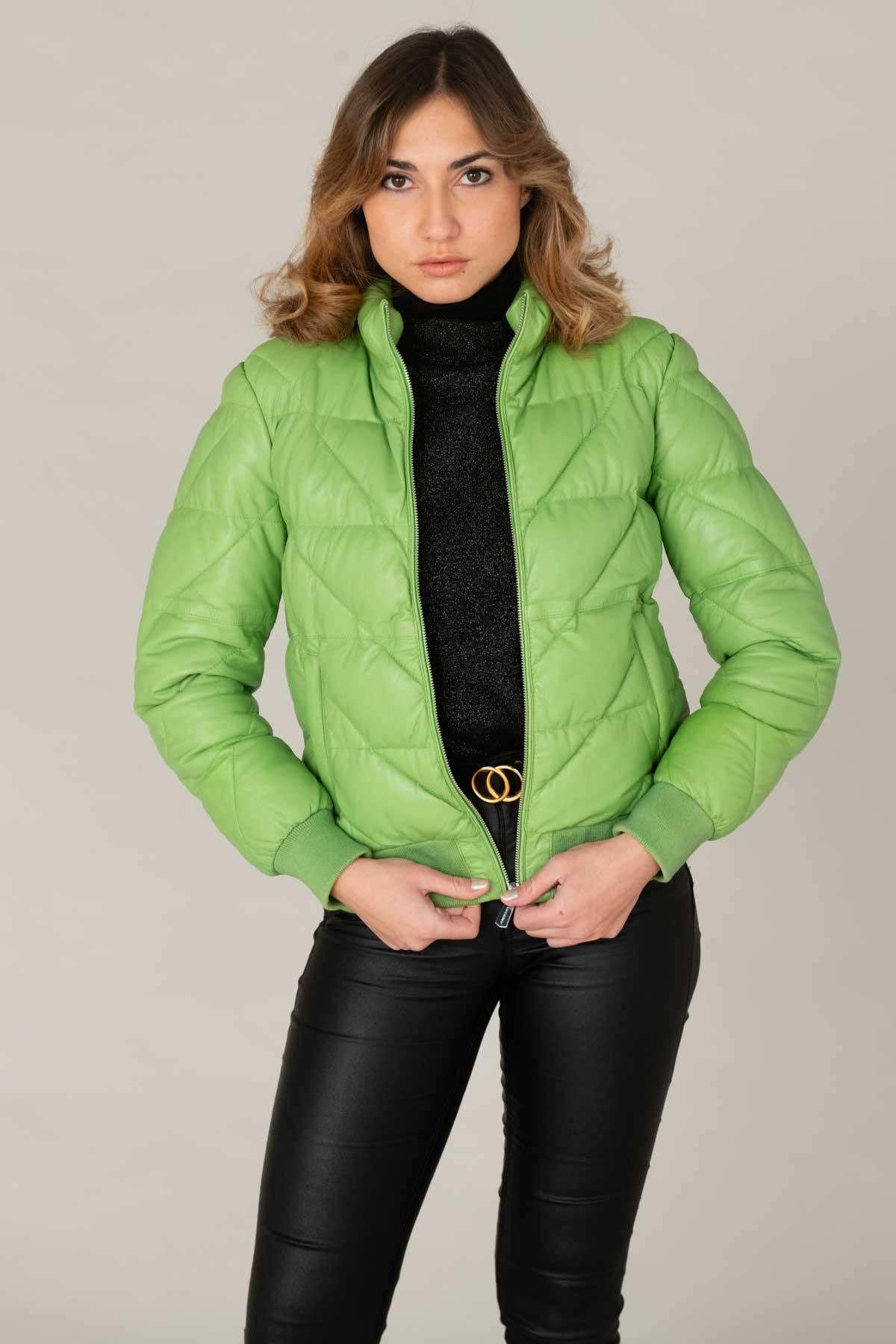 Women's leather down jacket in apple green color - Image n°3