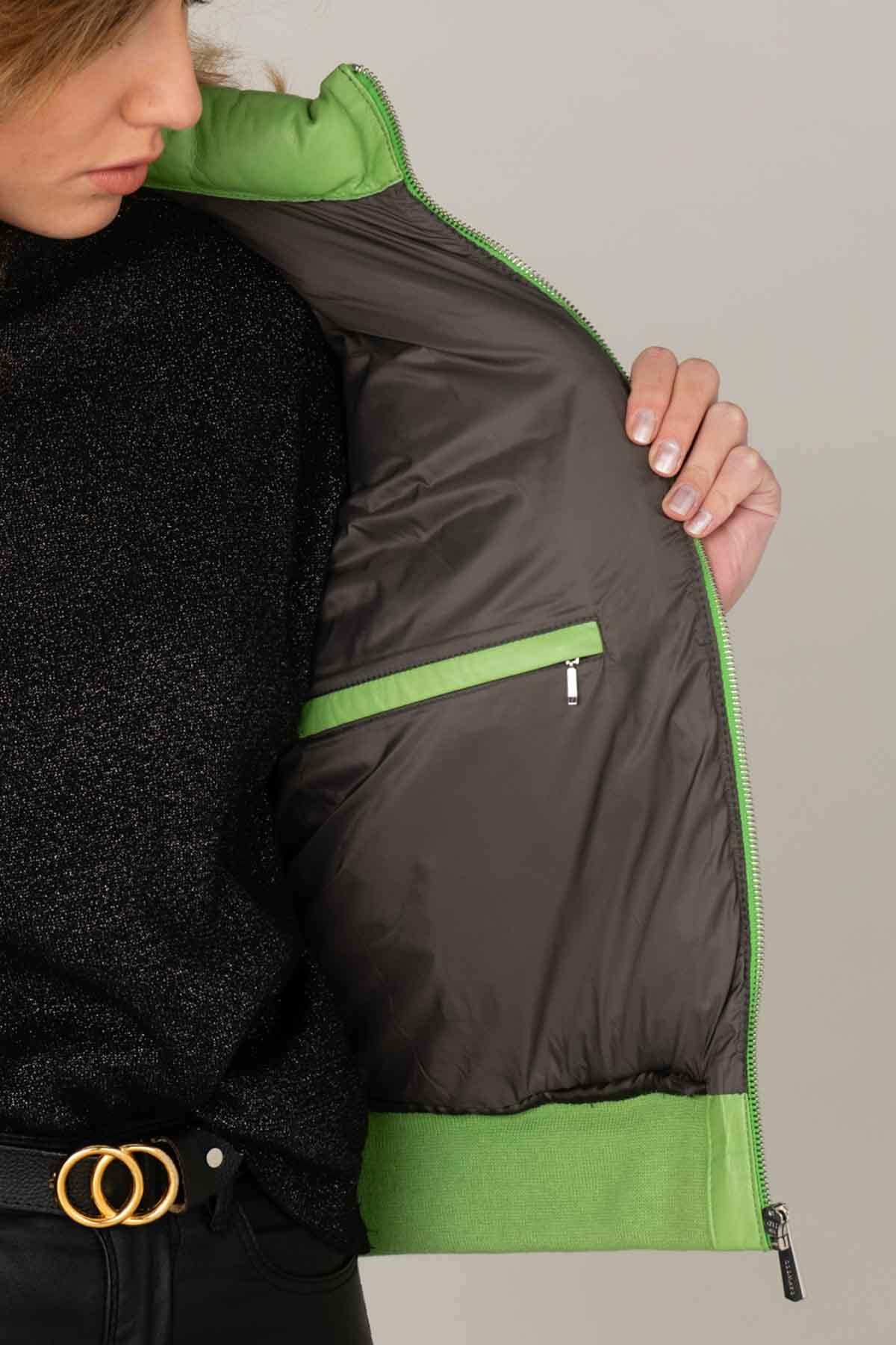 Women's leather down jacket in apple green color - Image n°5