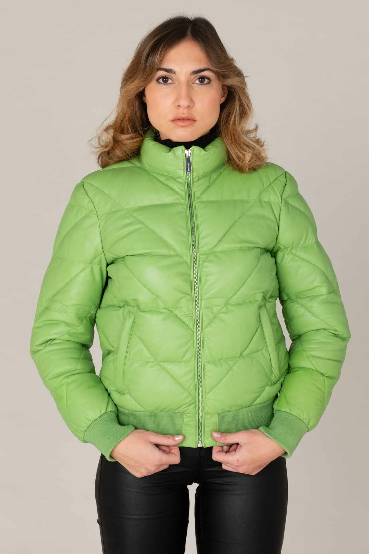 Women's leather down jacket in apple green color - Image n°4