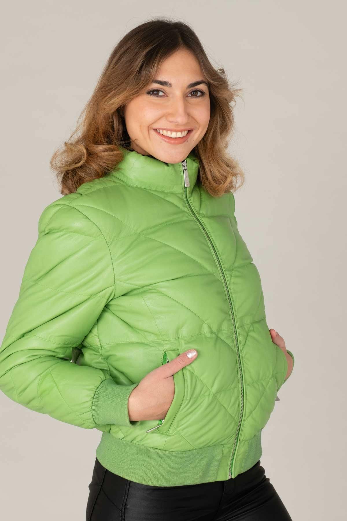 Women's leather down jacket in apple green color - Image n°1