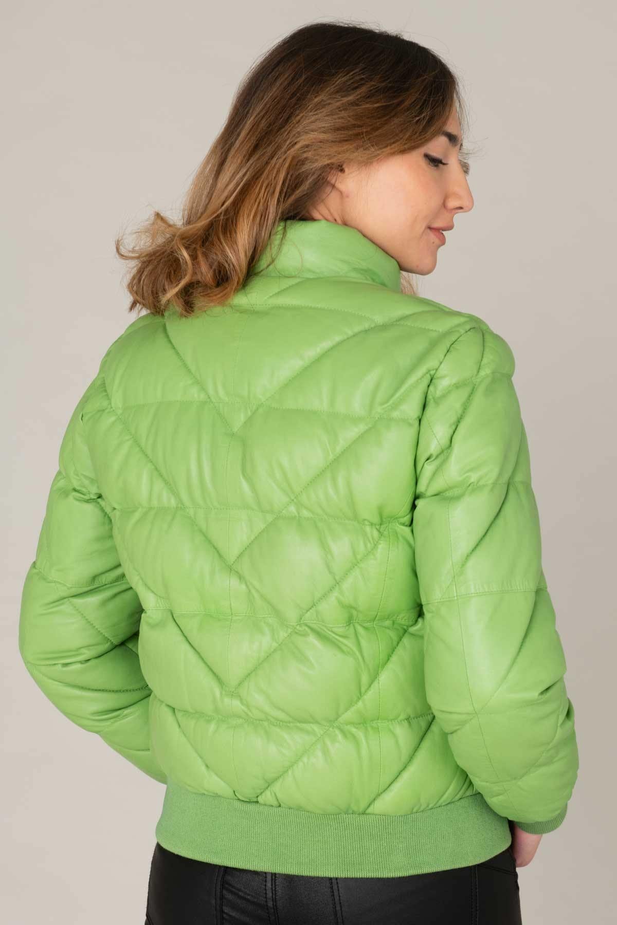 Women's leather down jacket in apple green color - Image n°6