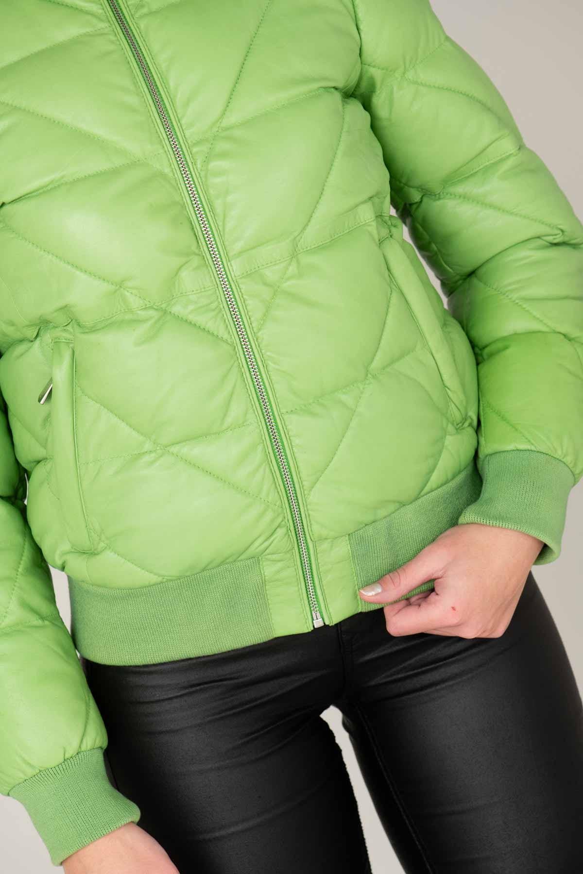 Women's leather down jacket in apple green color - Image n°9