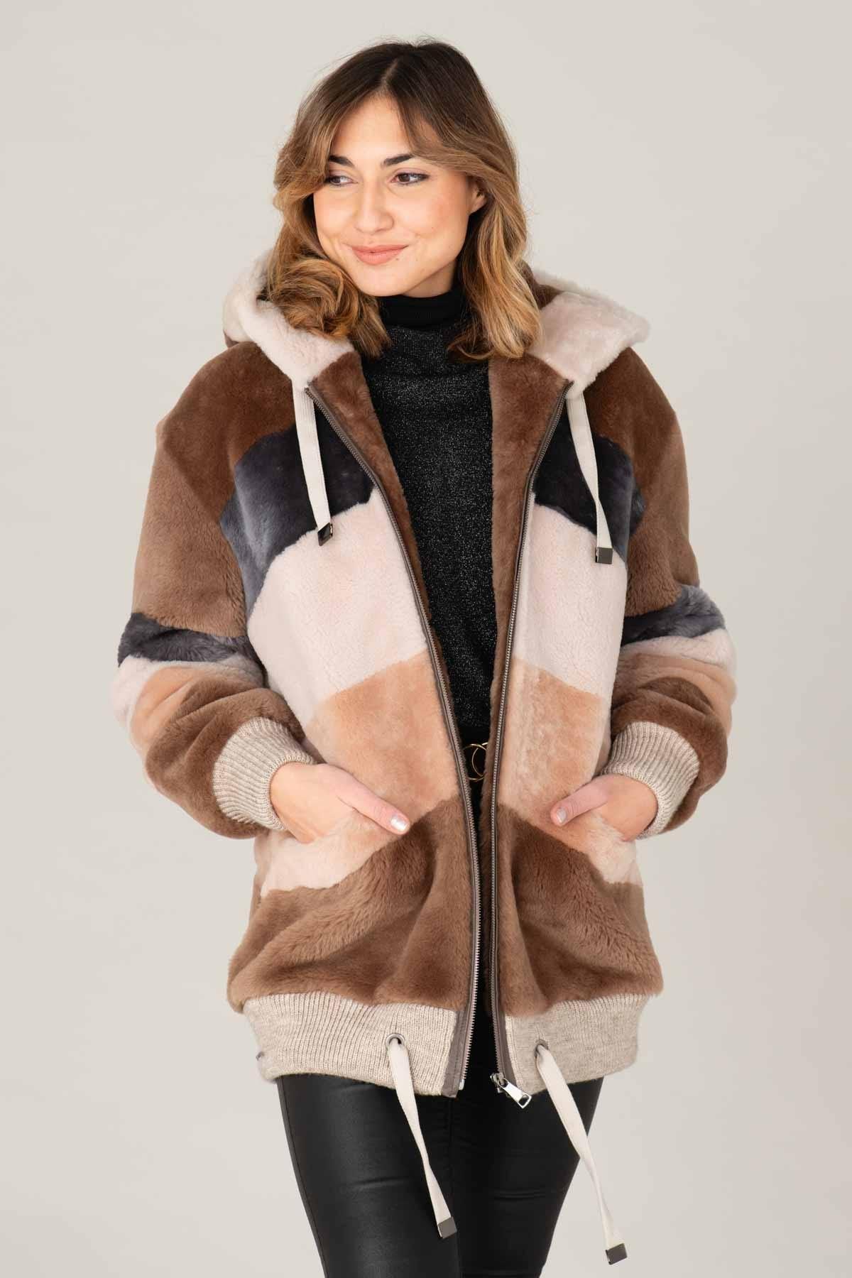 Women's oversized multicolor merino fur jacket - Image n°1