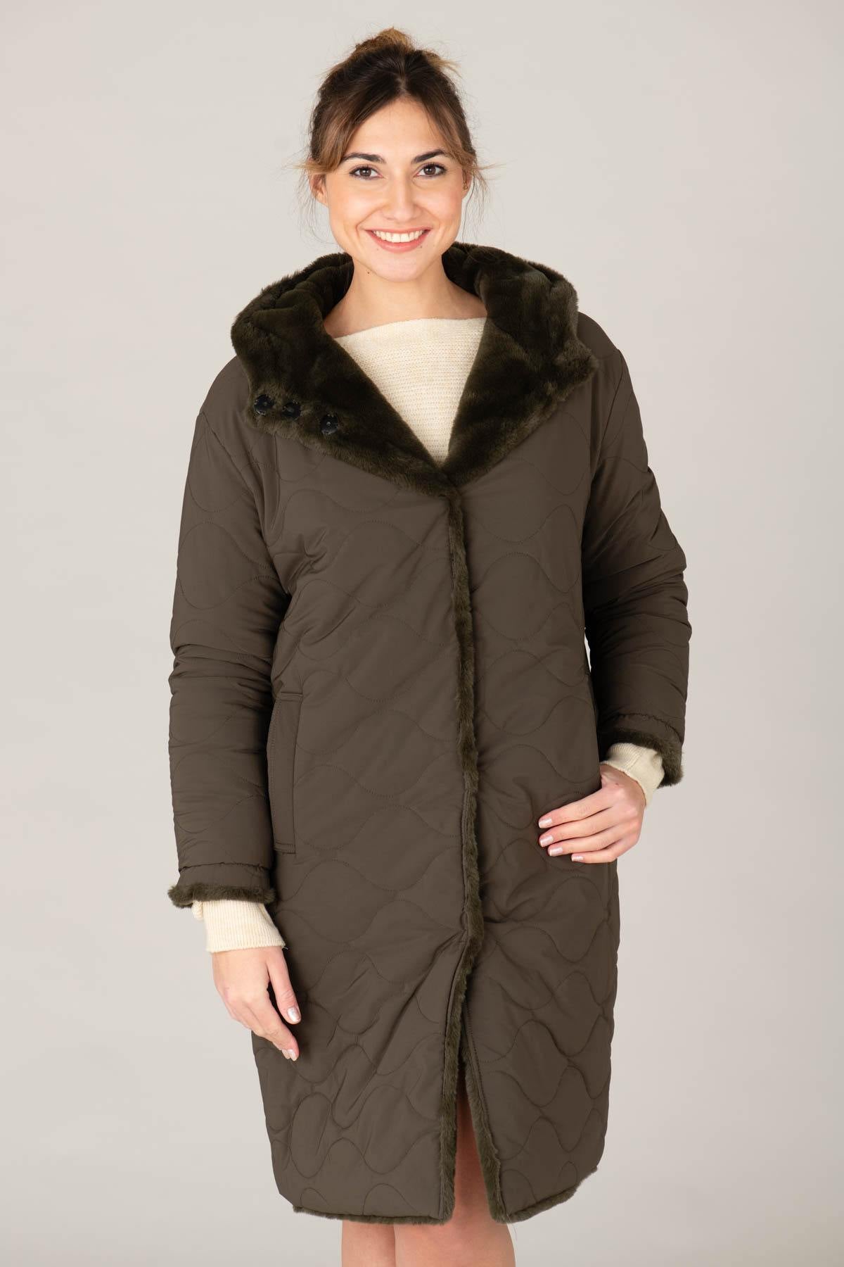 Long reversible khaki coat for women - Image n°11