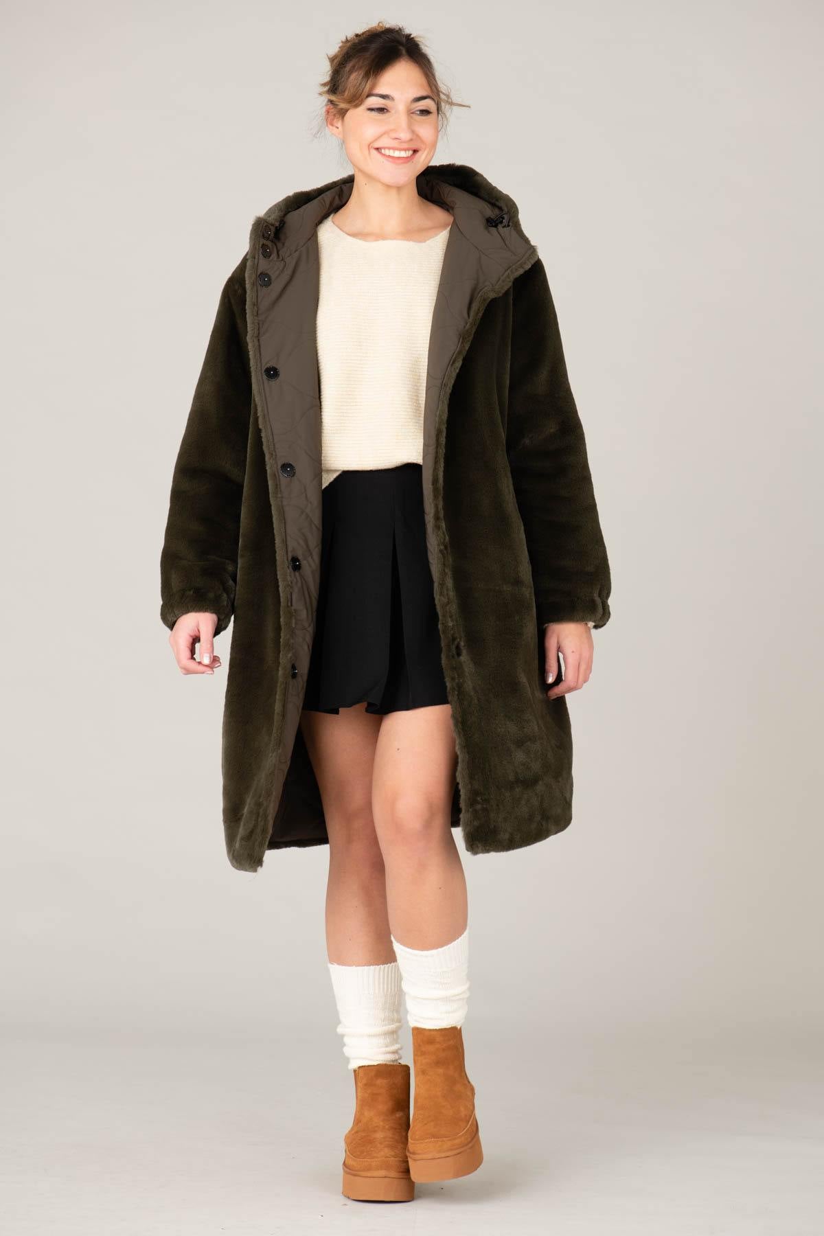 Long reversible khaki coat for women - Image n°6