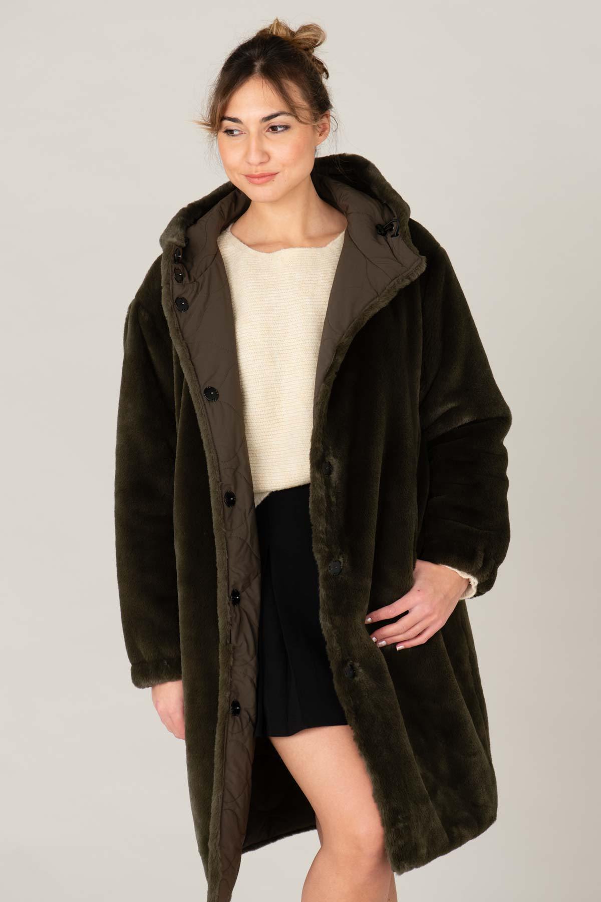 Long reversible khaki coat for women - Image n°1