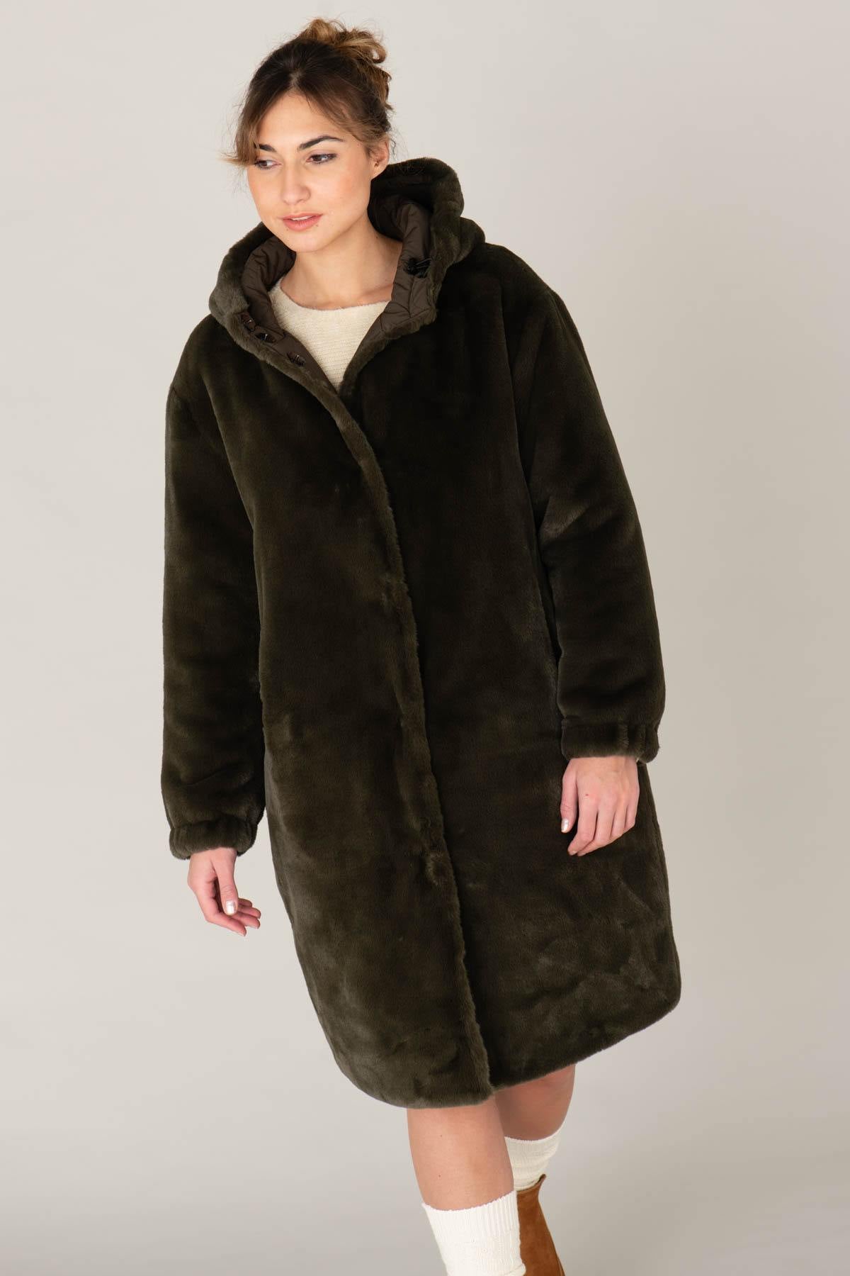 Long reversible khaki coat for women - Image n°4