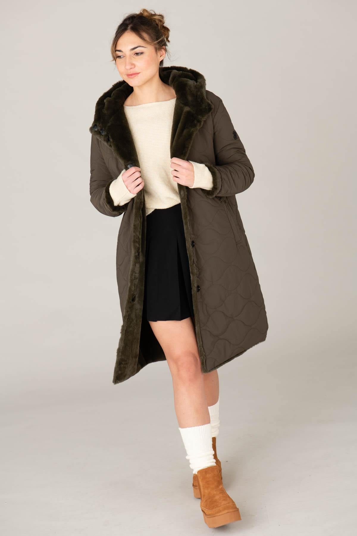 Long reversible khaki coat for women - Image n°2