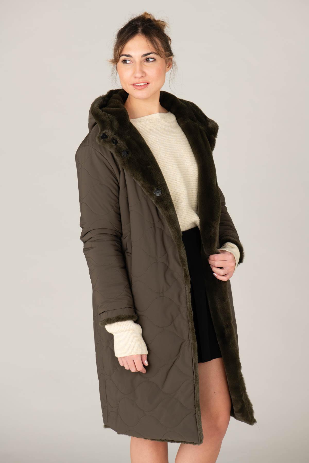 Long reversible khaki coat for women - Image n°8