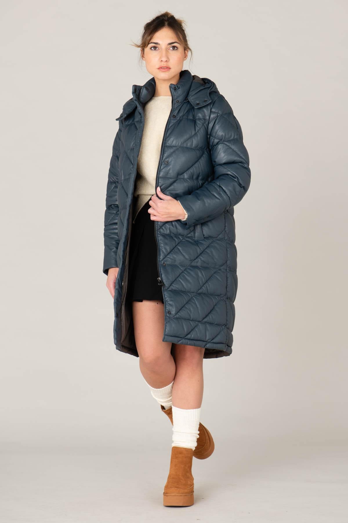 Women's long petrol blue leather down jacket - Image n°5