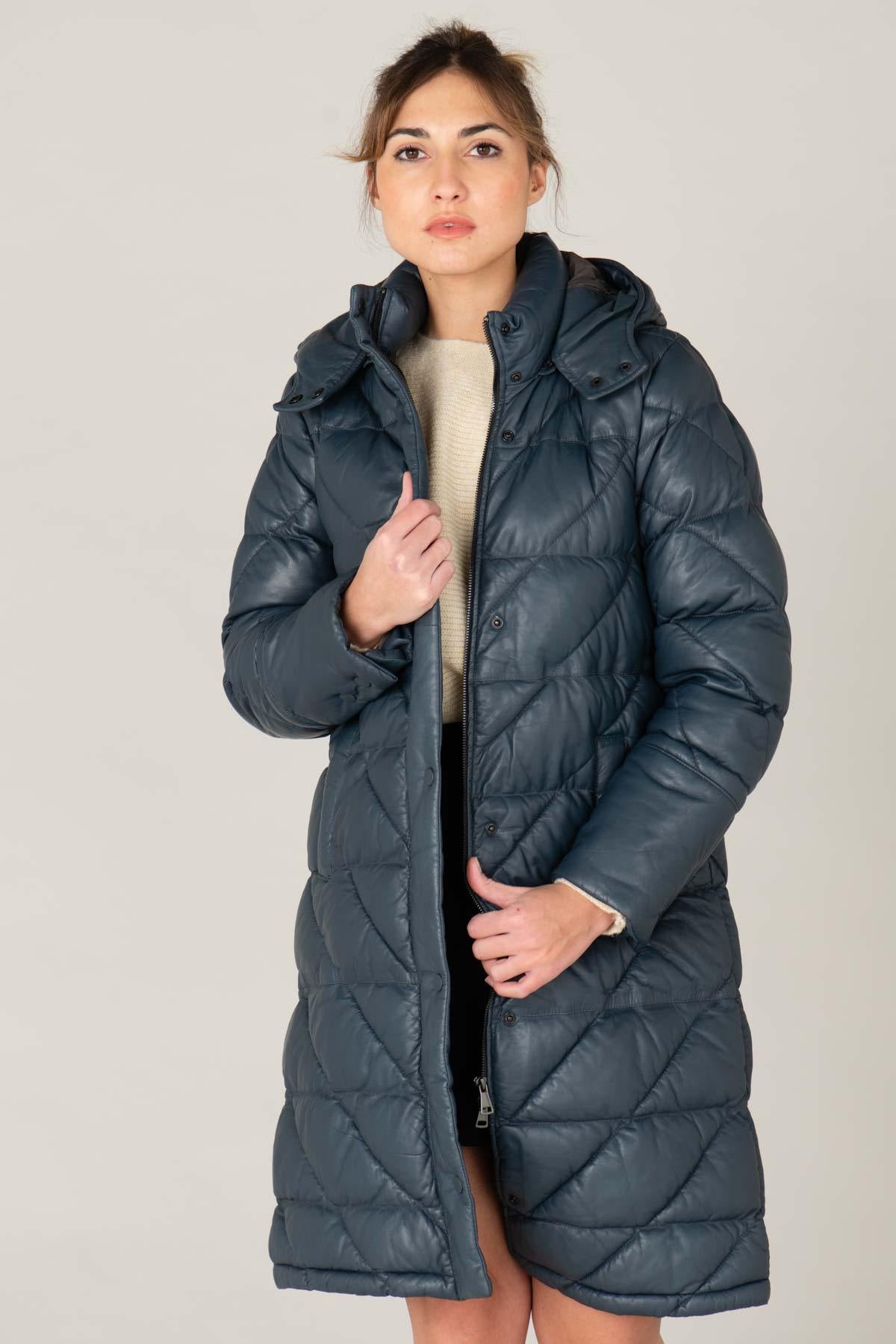 Women's long petrol blue leather down jacket - Image n°1