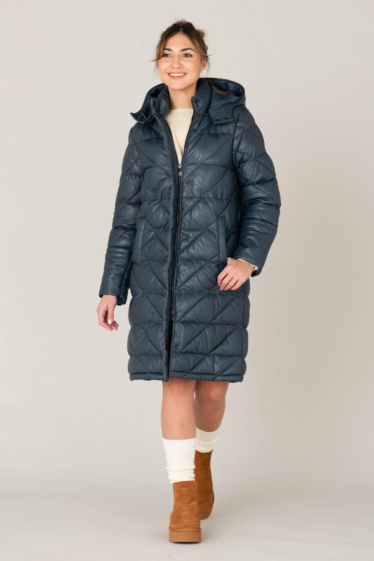 Women's long petrol blue leather down jacket - Image n°2