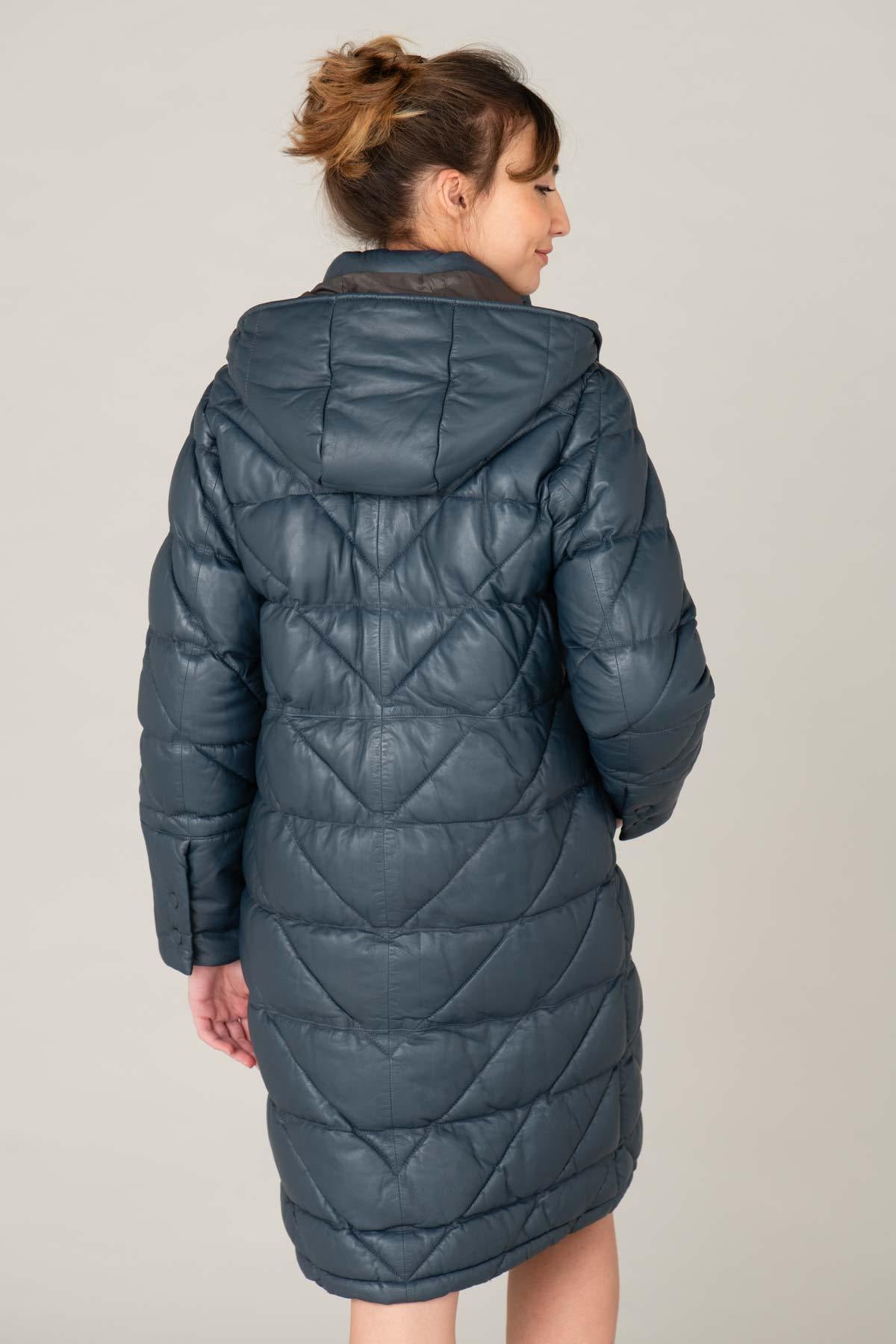 Women's long petrol blue leather down jacket - Image n°3