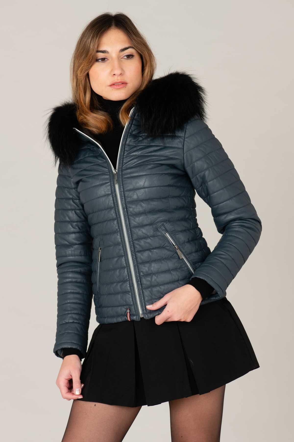 Petrol blue leather down jacket with fur hood - Image n°3