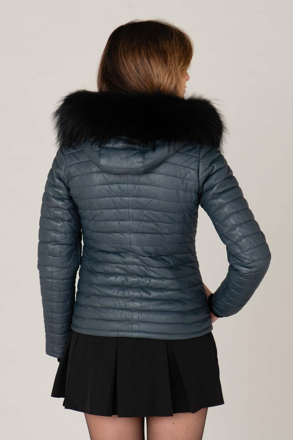 Petrol blue leather down jacket with fur hood - Image n°4