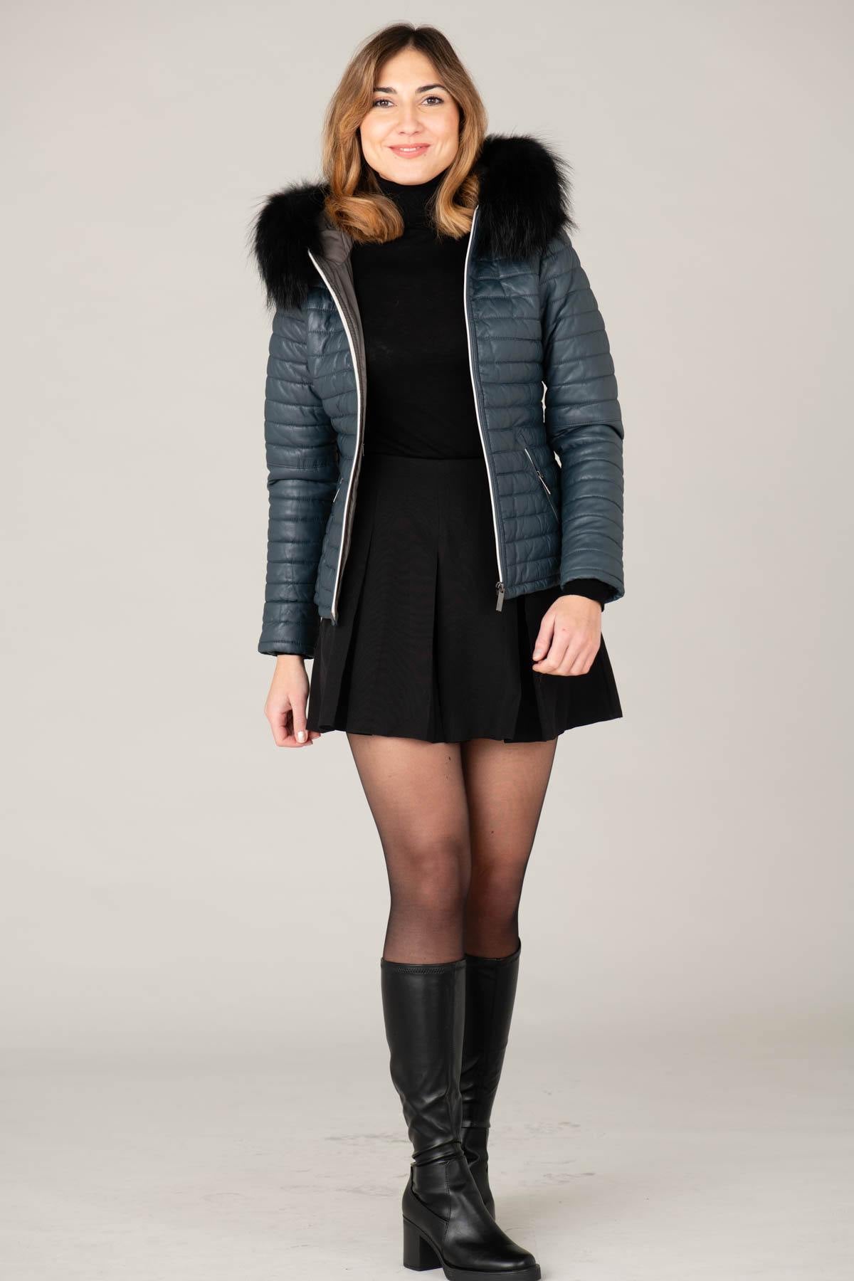 Petrol blue leather down jacket with fur hood - Image n°2