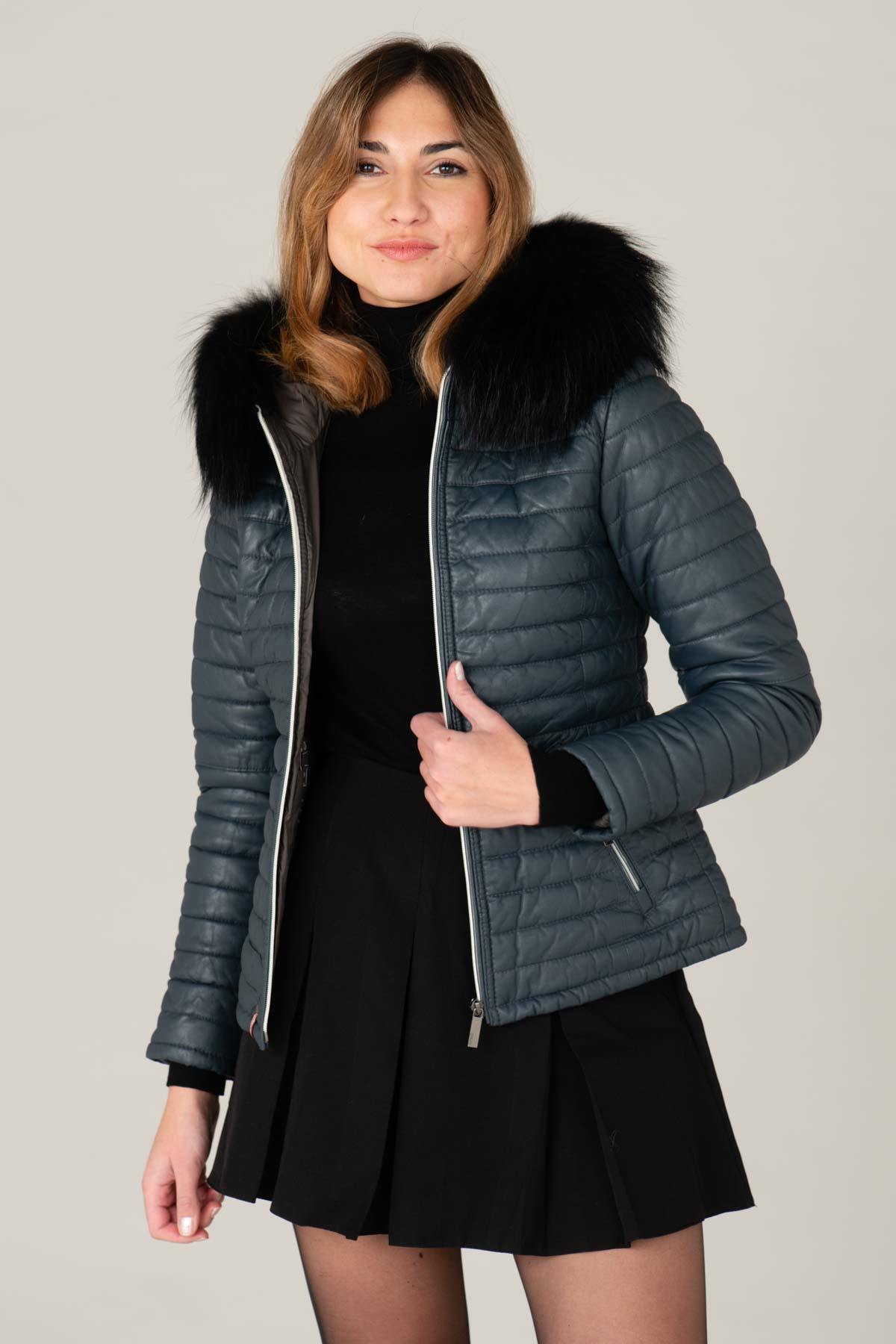 Petrol blue leather down jacket with fur hood - Image n°1