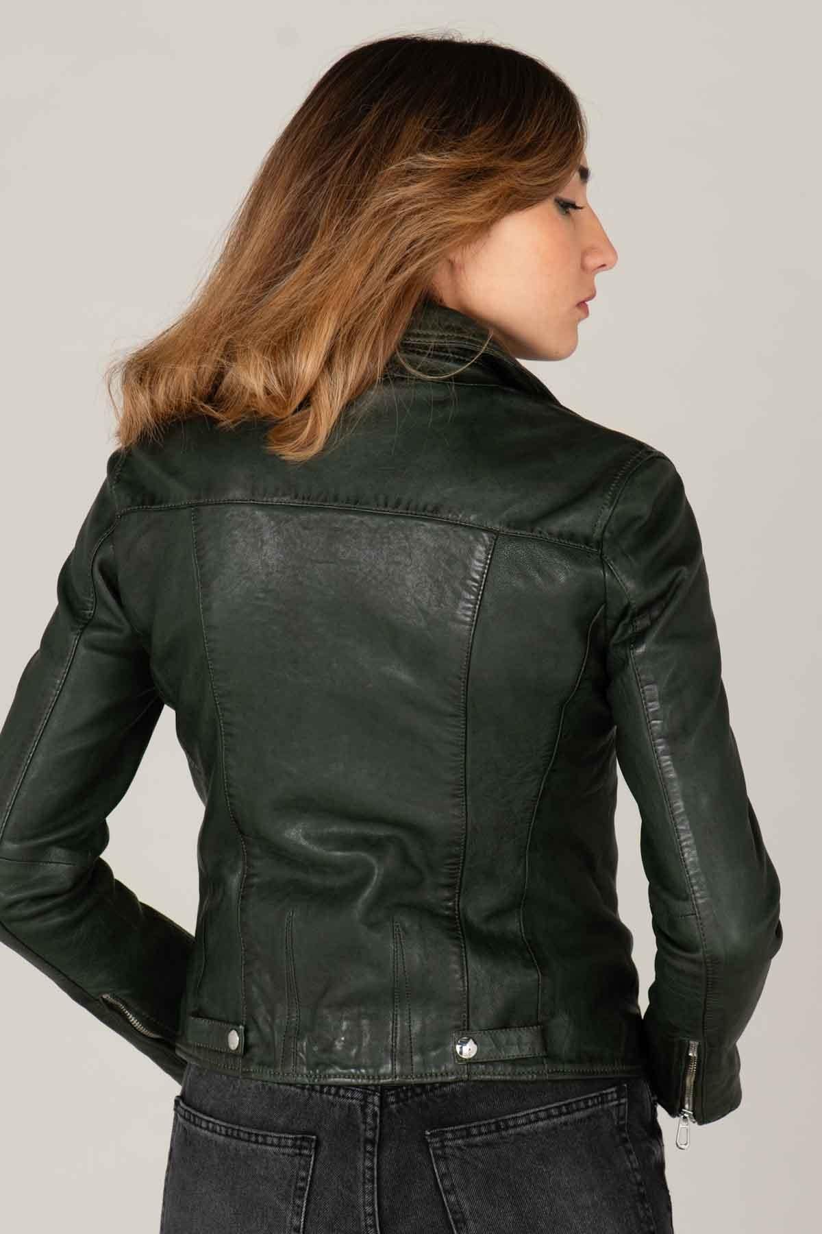 Women’s khaki vegetable leather perfecto - Image n°5