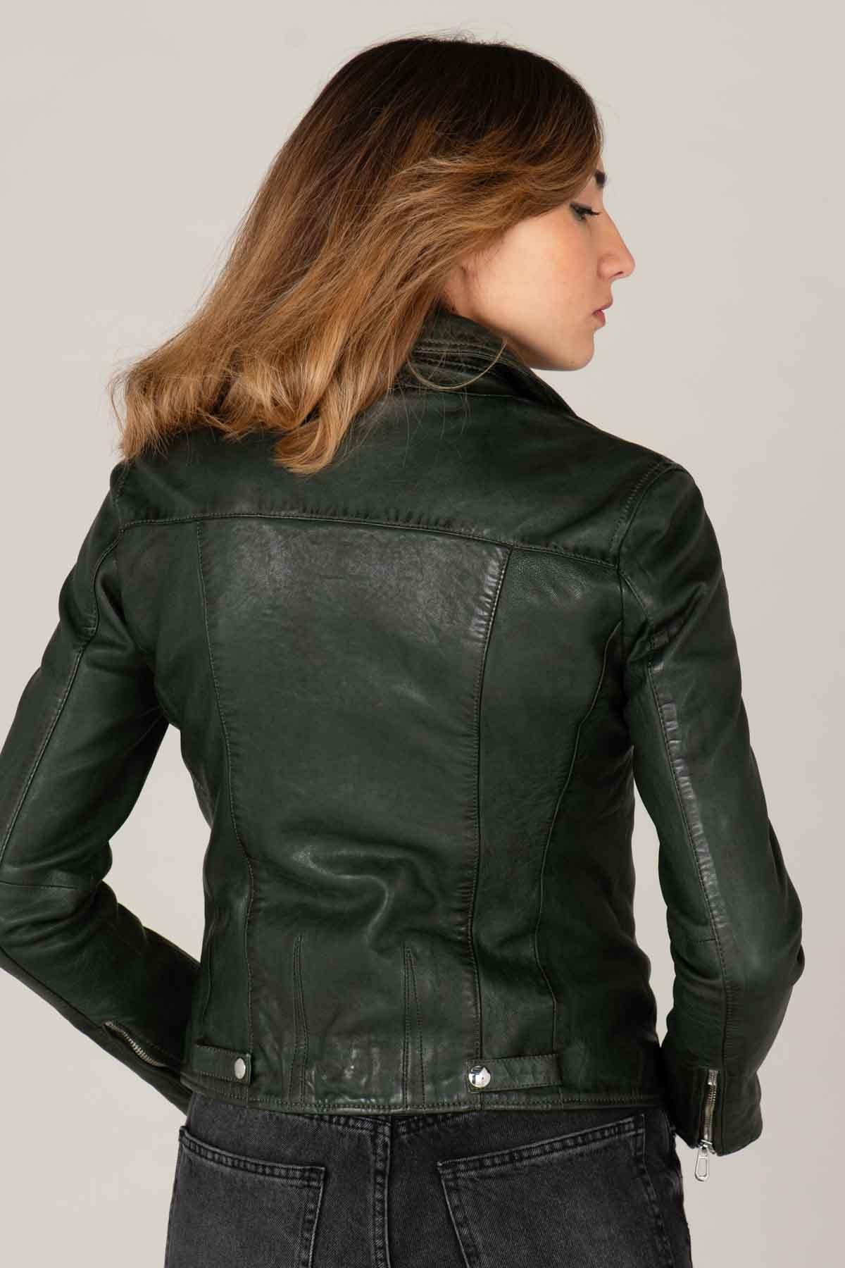 Women’s khaki vegetable leather Biker Jacket - Image n°5