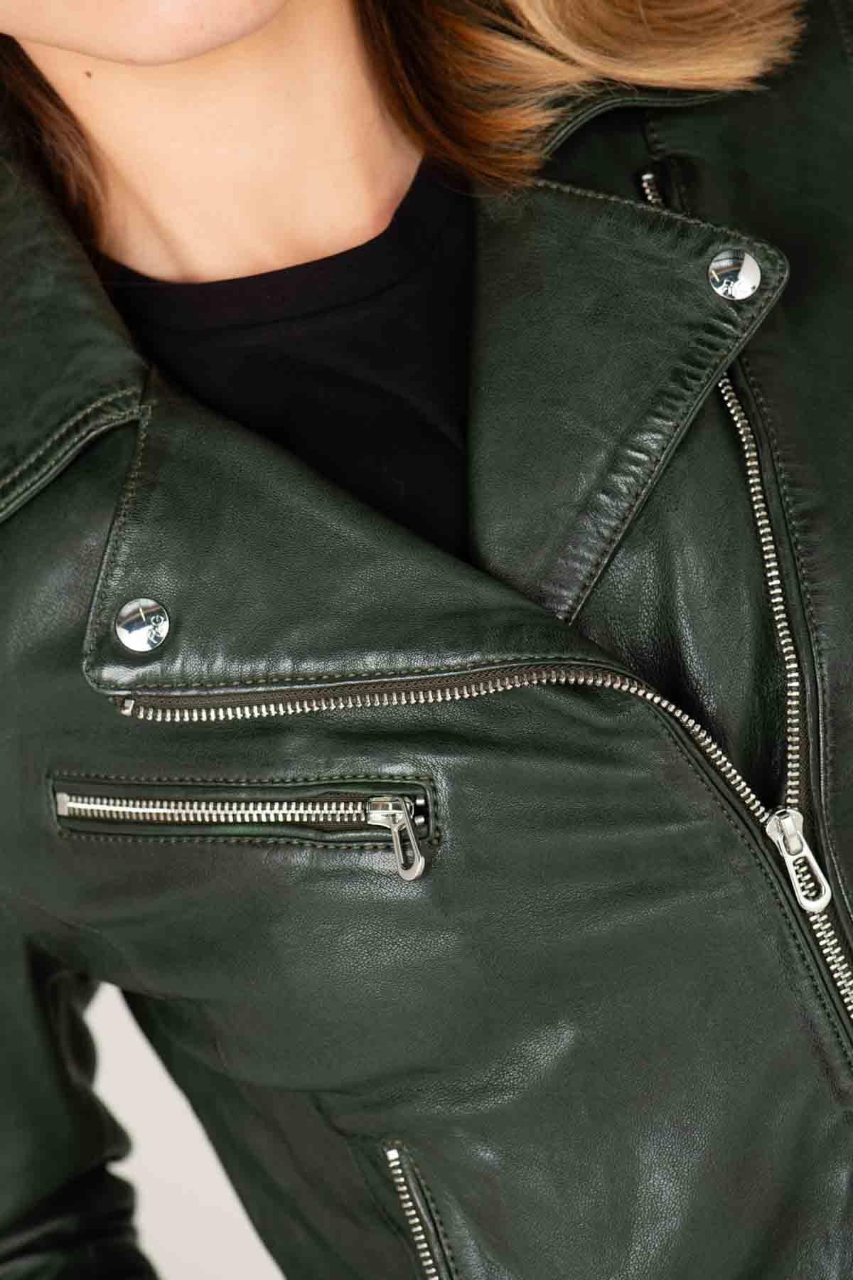 Women’s khaki vegetable leather Biker Jacket - Image n°6