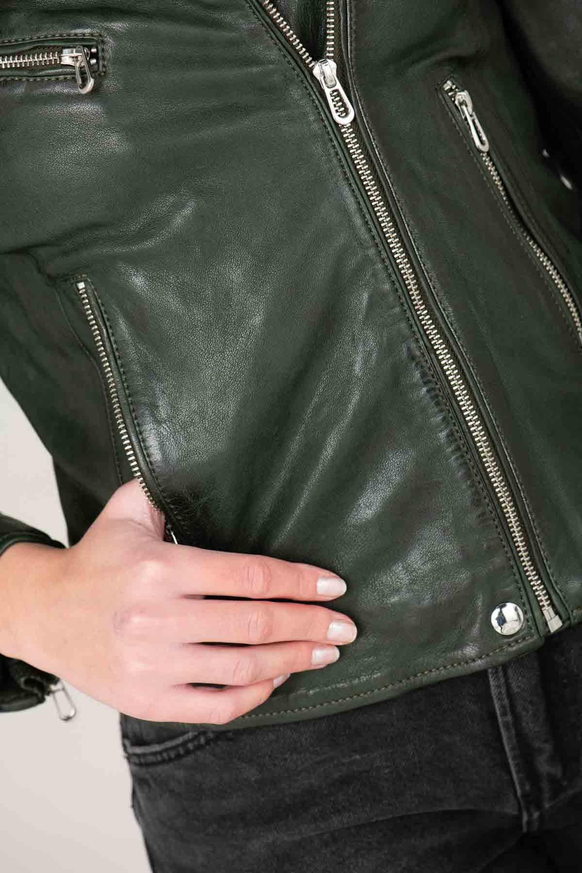 Women’s khaki vegetable leather Biker Jacket - Image n°7