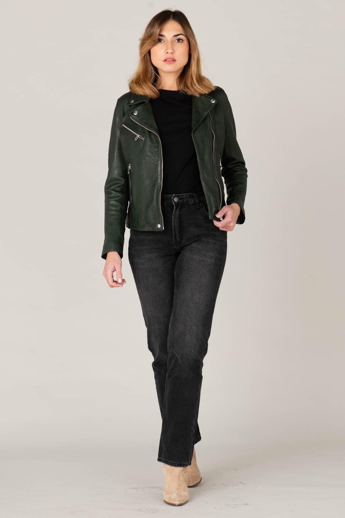 Women’s khaki vegetable leather Biker Jacket - Image n°3