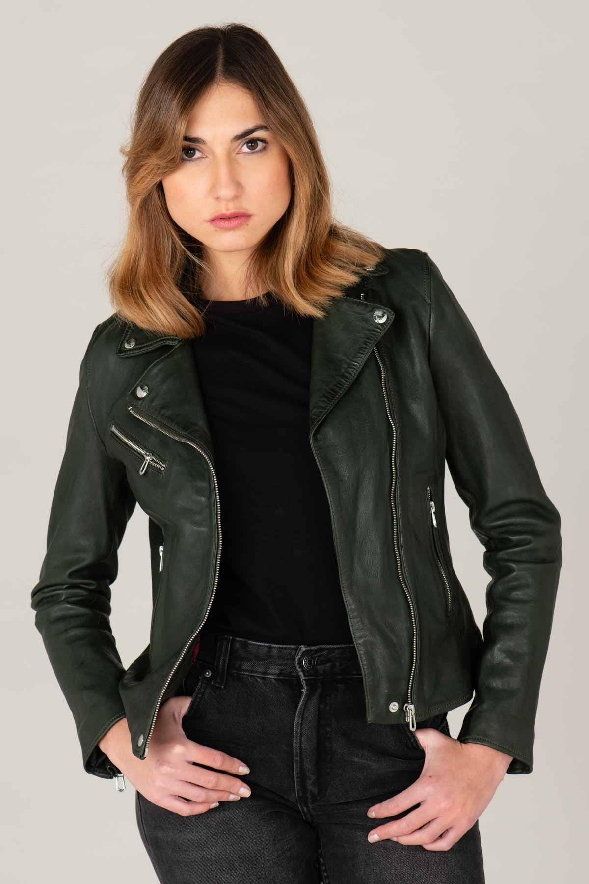 Women’s khaki vegetable leather Biker Jacket - Image n°1