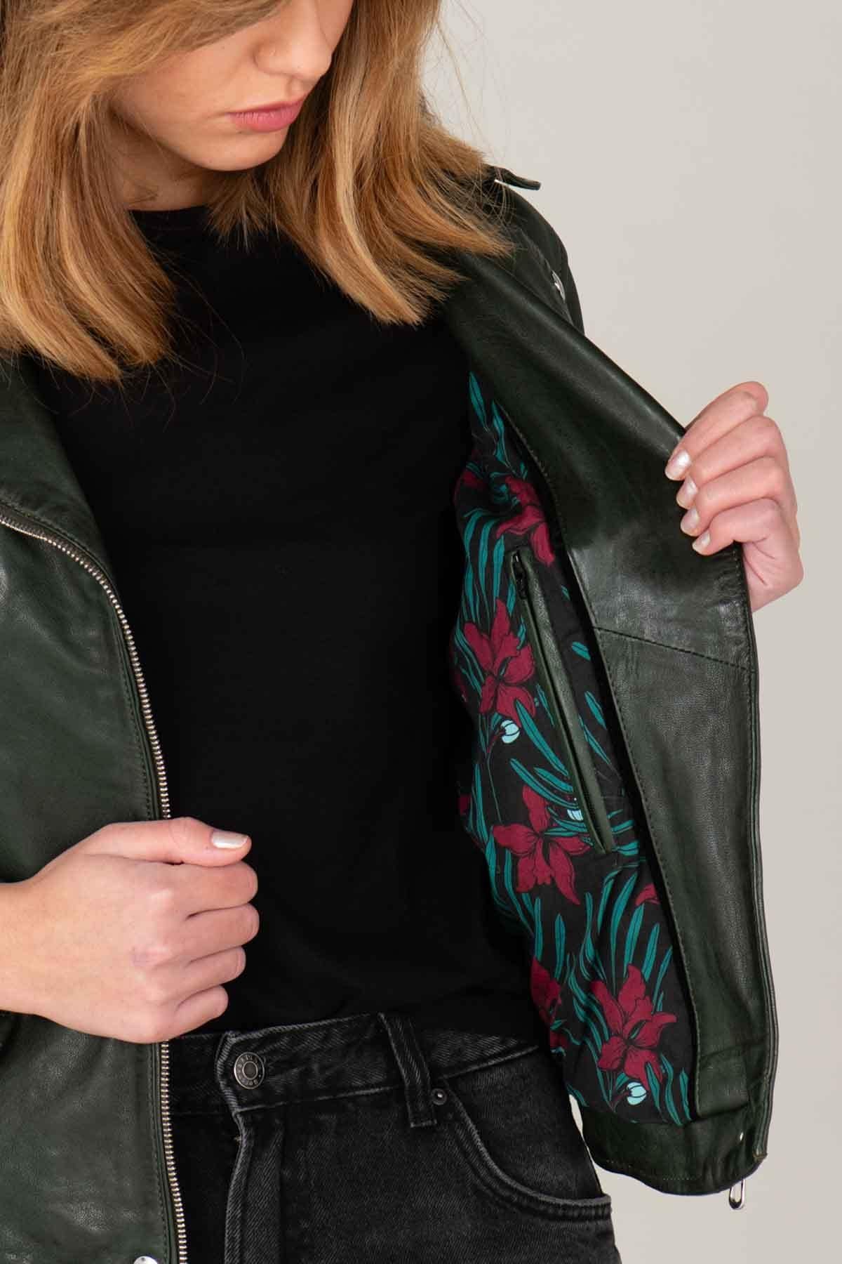 Women’s khaki vegetable leather Biker Jacket - Image n°2