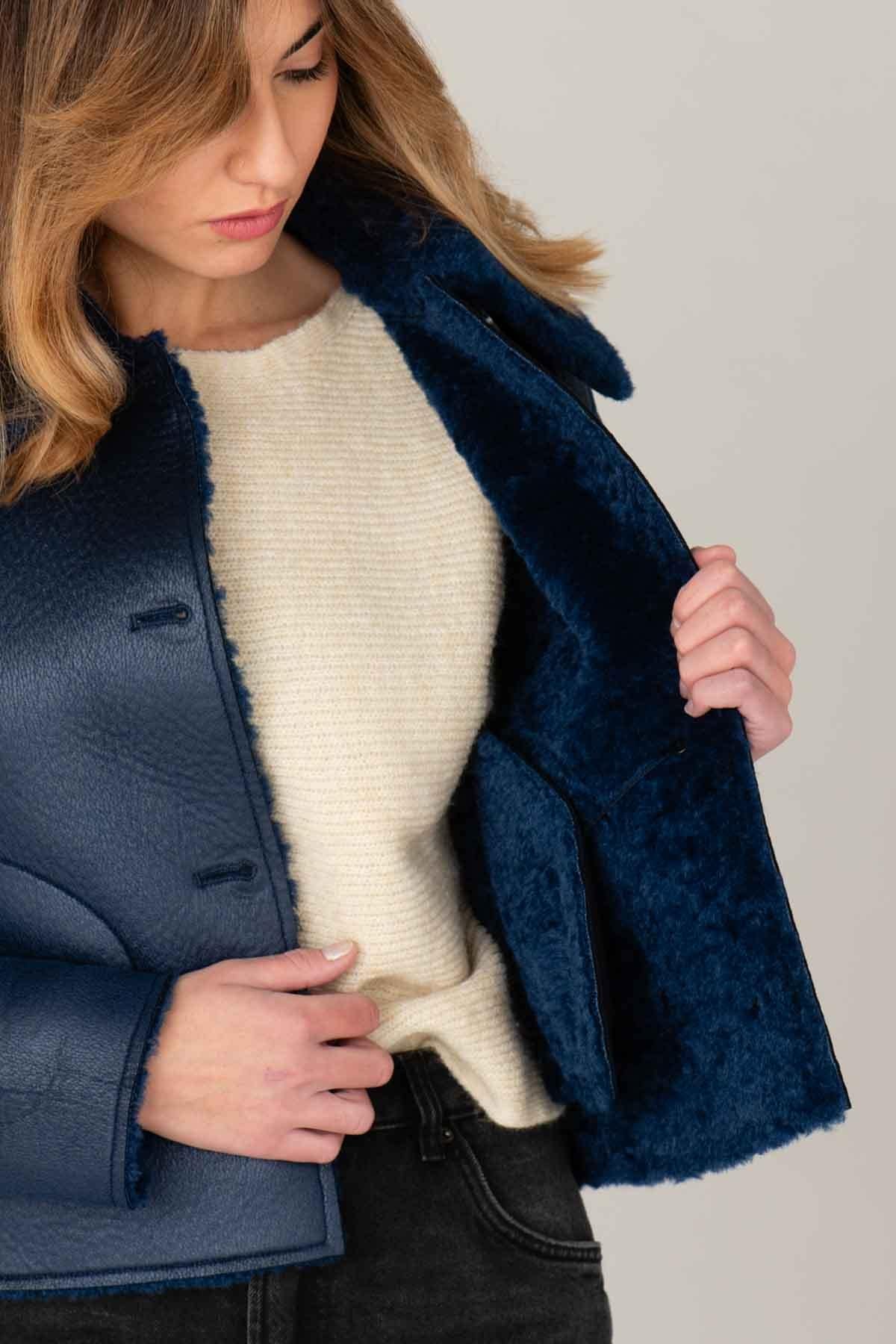 Dark blue imitation sheepskin jacket - Image n°9