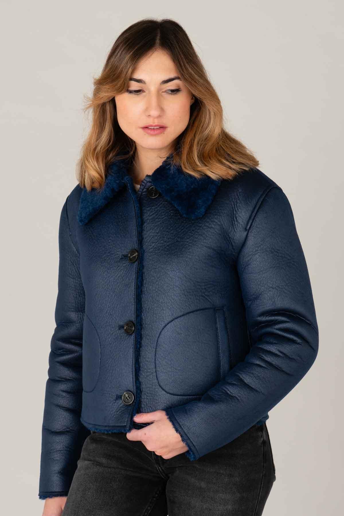 Dark blue imitation sheepskin jacket - Image n°4