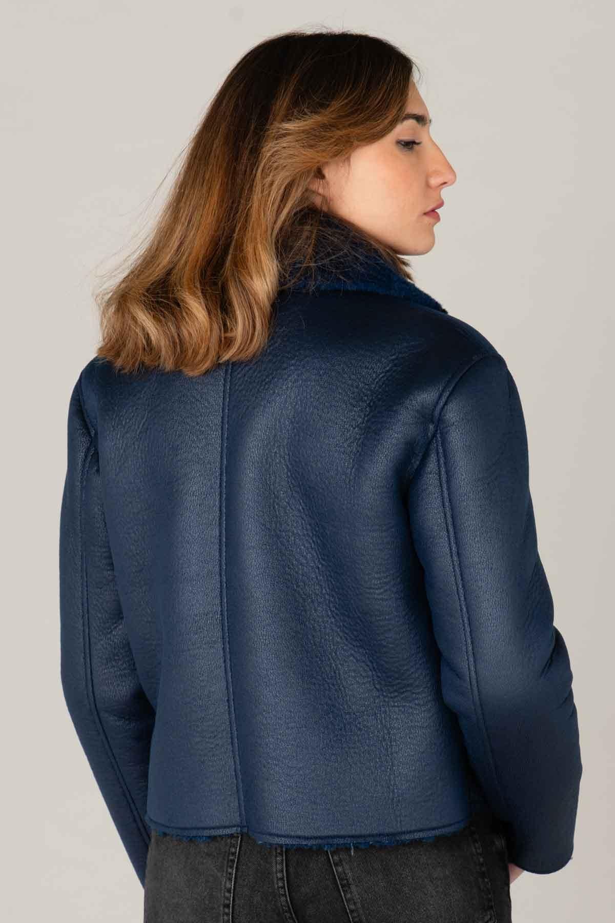 Dark blue imitation sheepskin jacket - Image n°5