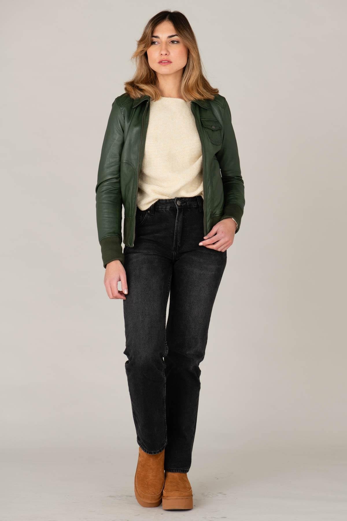 Women's dark green leather jacket with shirt collar - Image n°5