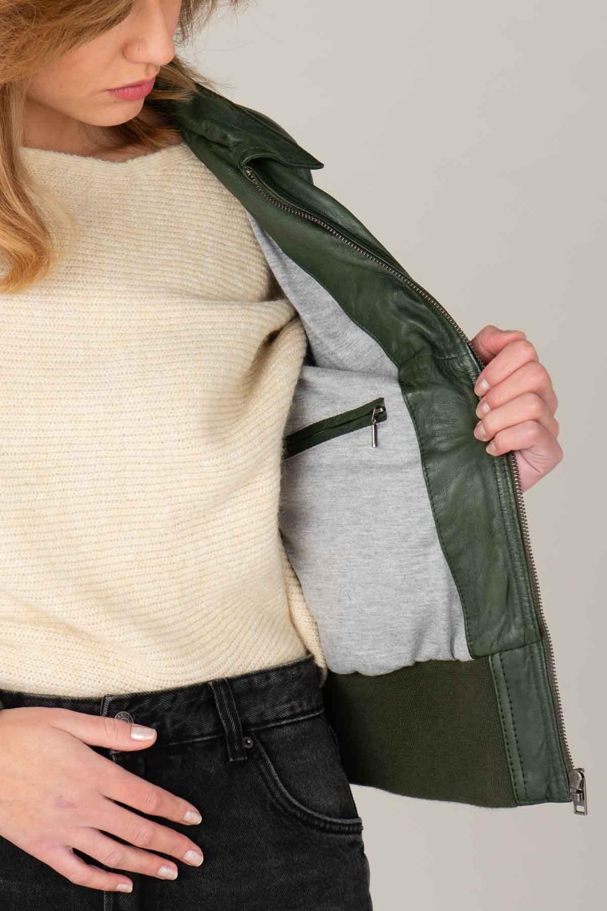 Women's dark green leather jacket with shirt collar - Image n°7