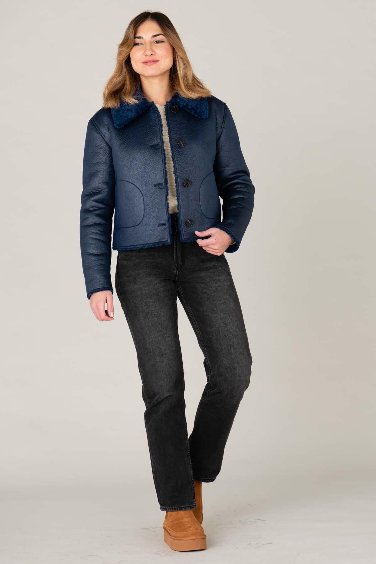 Dark blue imitation sheepskin jacket - Image n°2