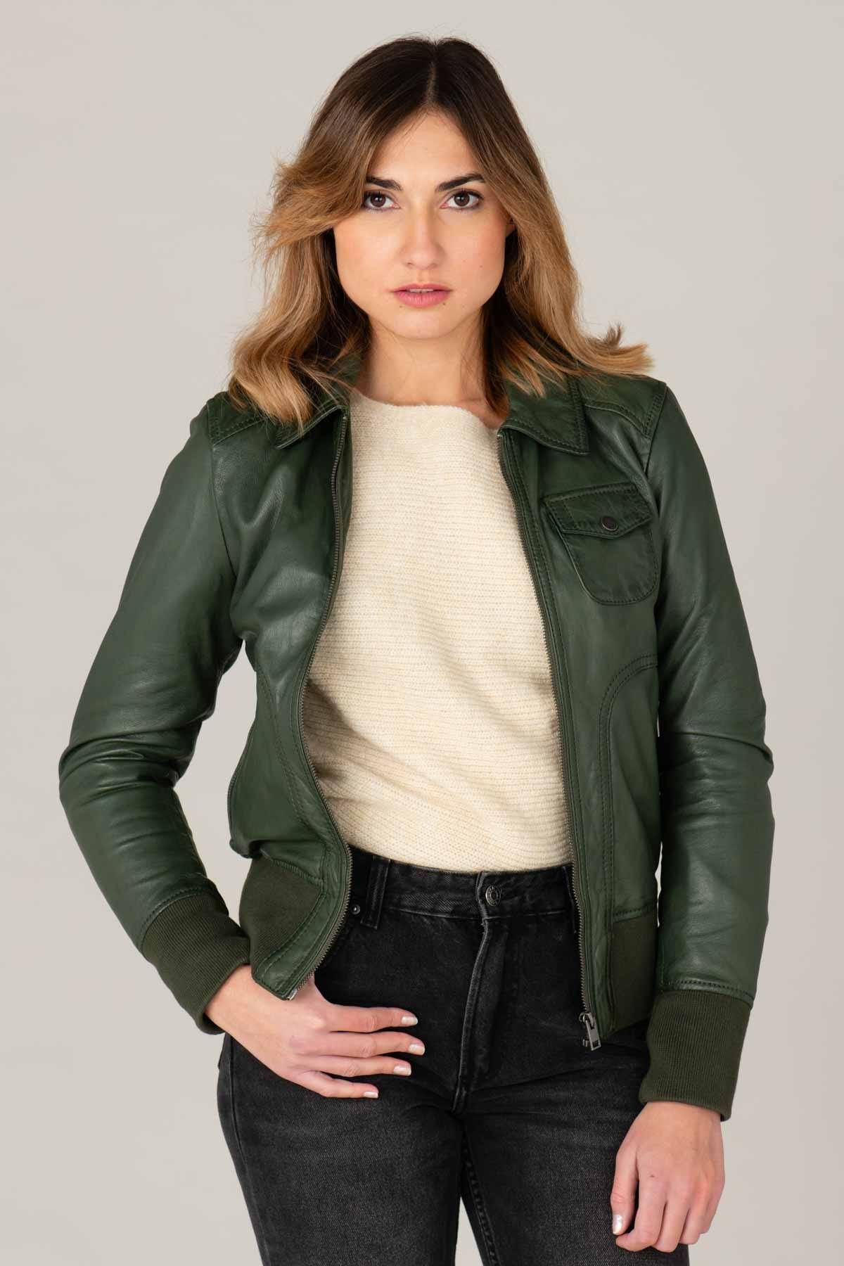 Women's dark green leather jacket with shirt collar - Image n°6