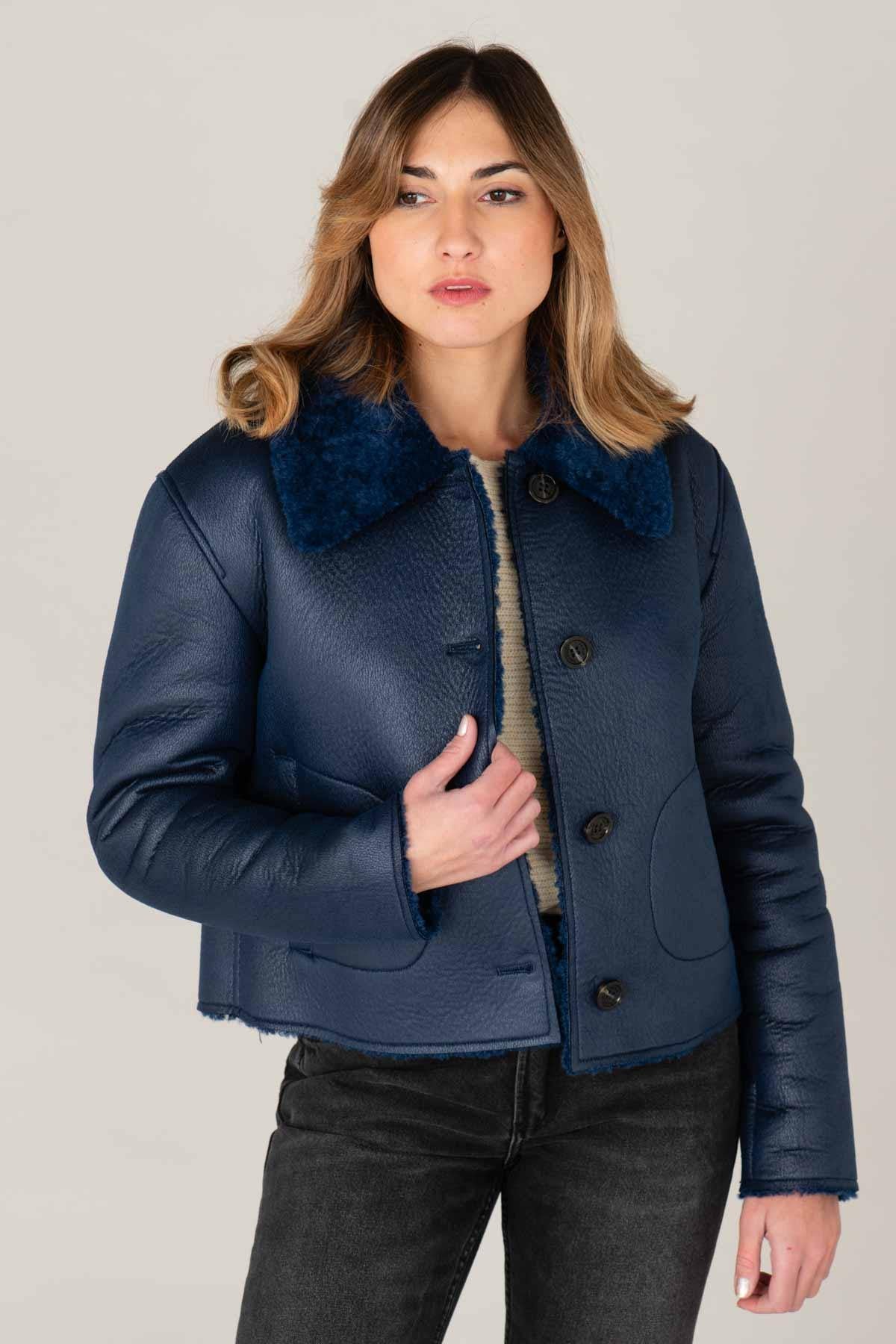 Dark blue imitation sheepskin jacket - Image n°1