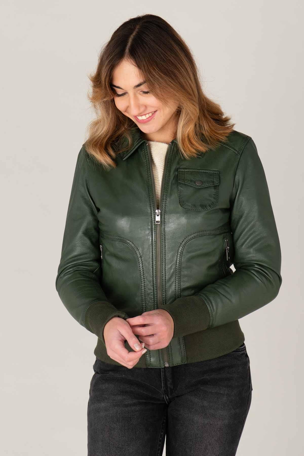 Women's dark green leather jacket with shirt collar - Image n°1