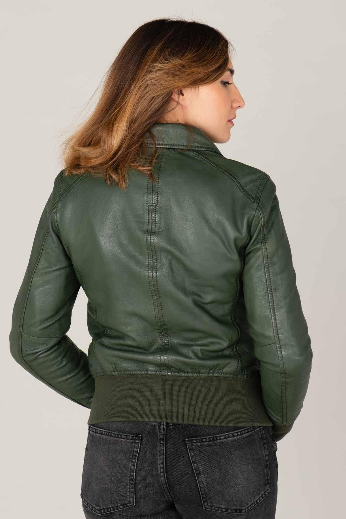 Women's dark green leather jacket with shirt collar - Image n°3