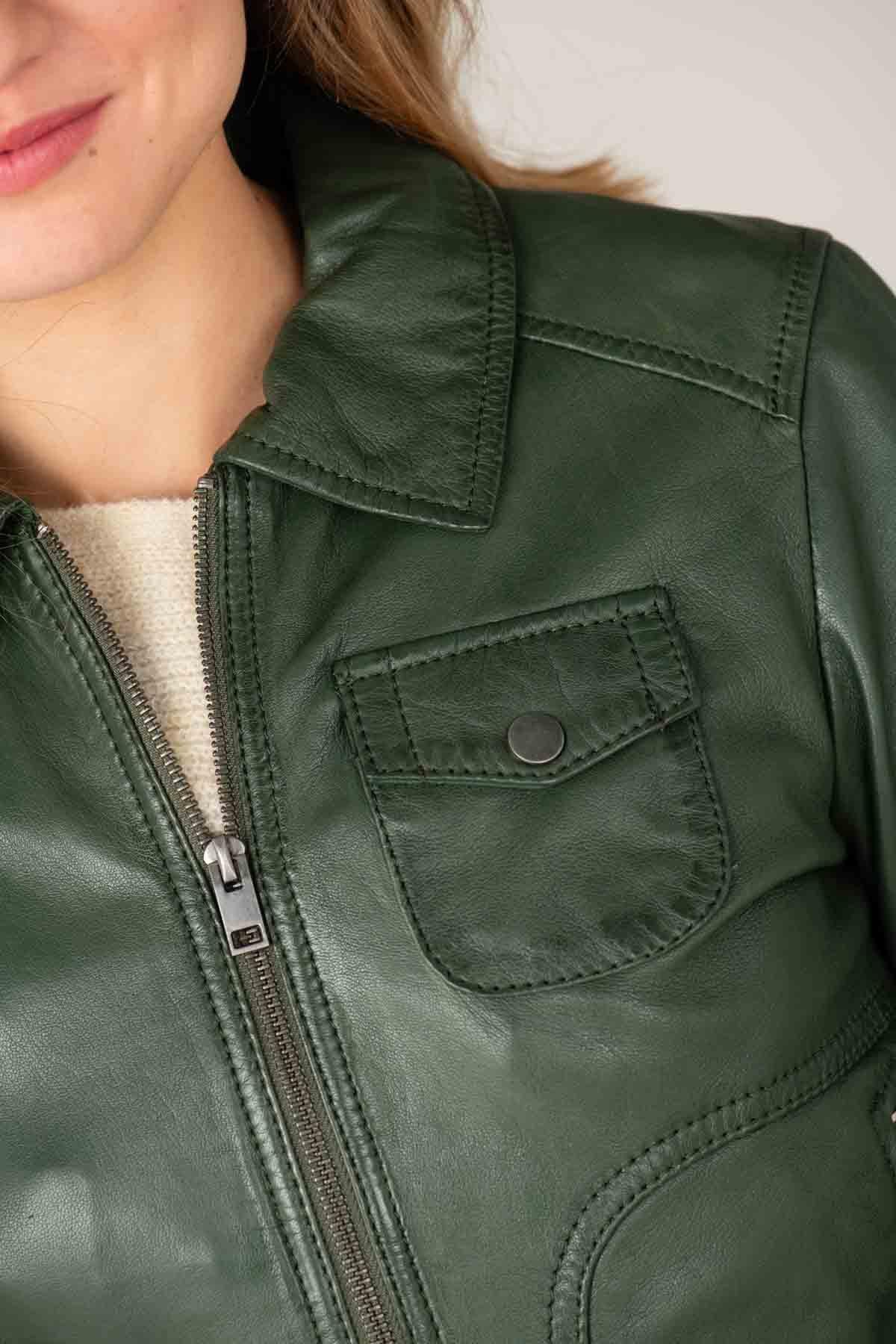 Women's dark green leather jacket with shirt collar - Image n°4