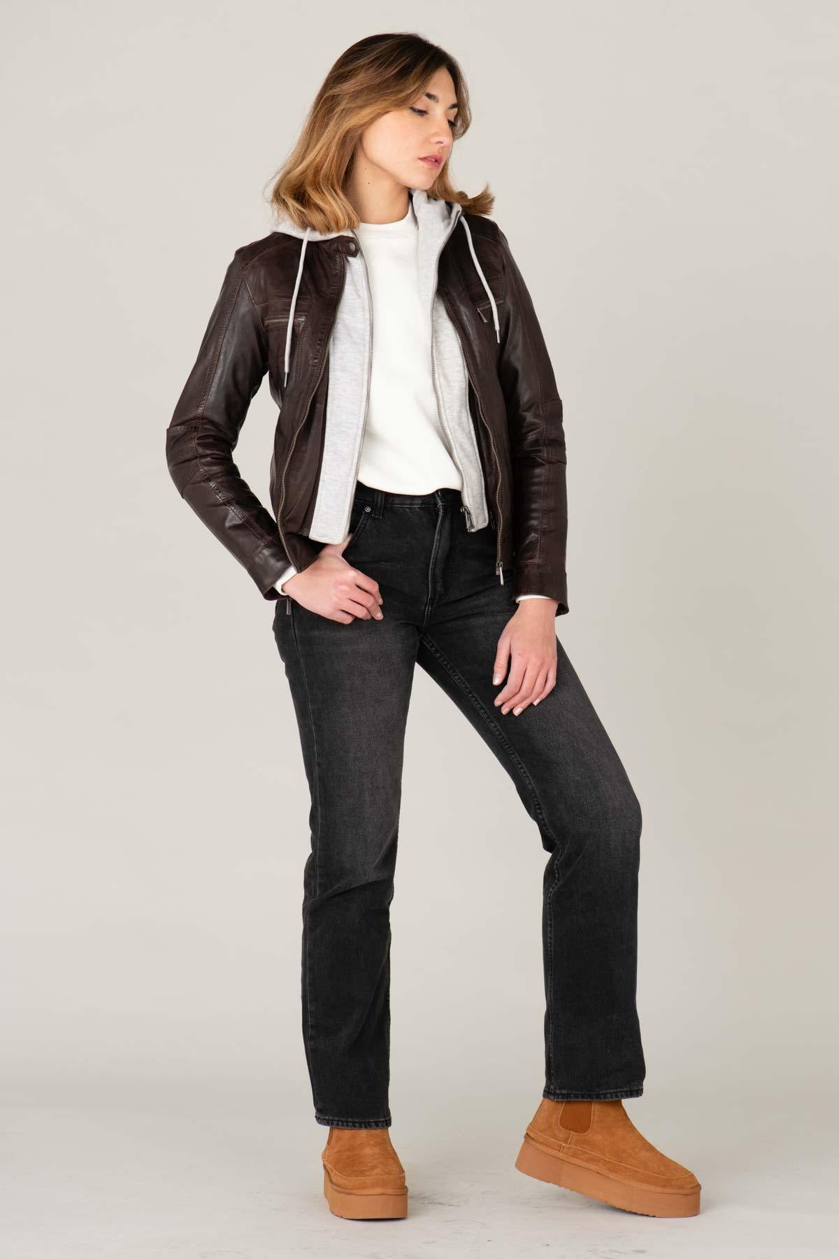 Leather jacket with biker collar and removable hood - Image n°4