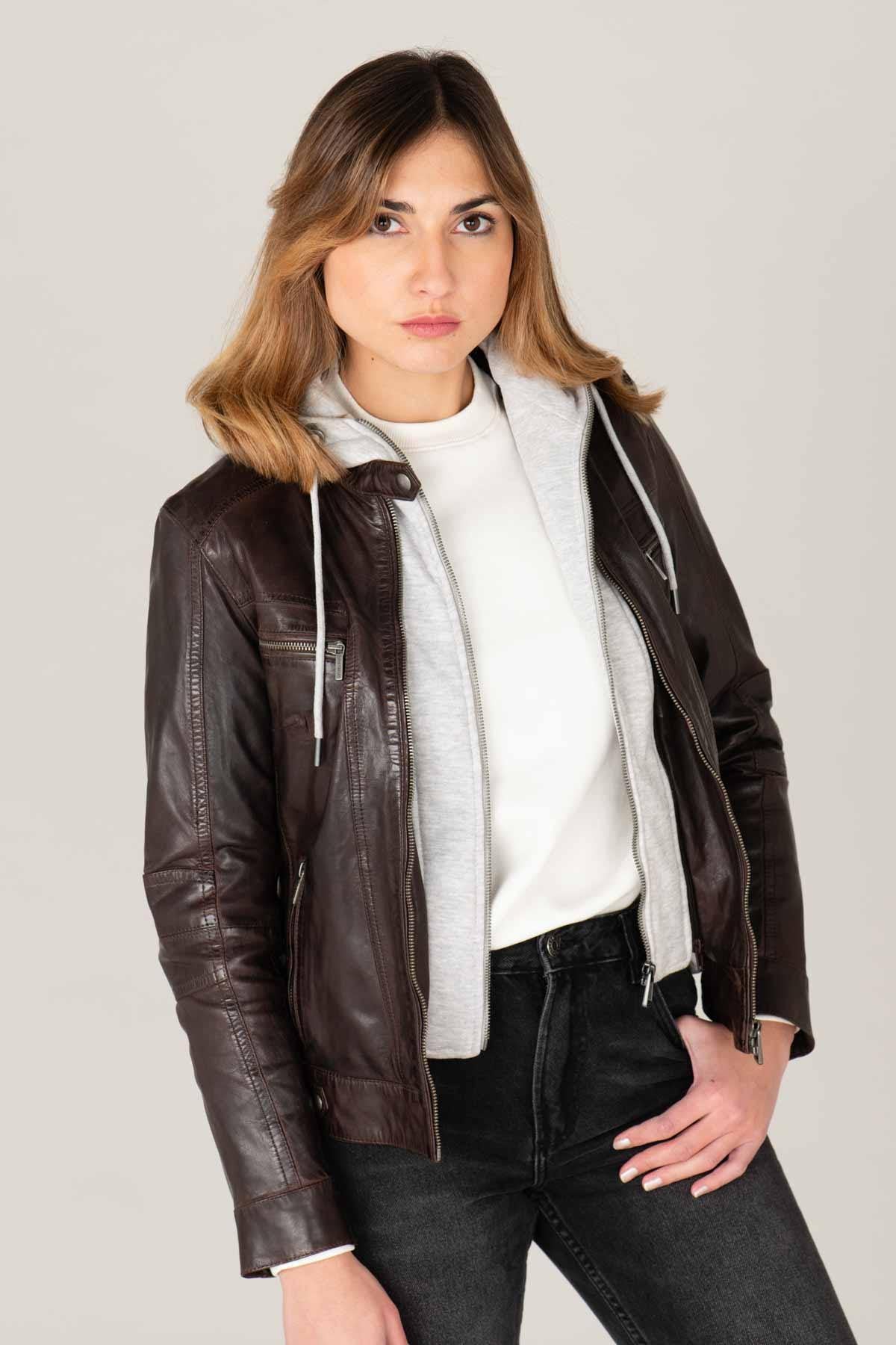 Leather jacket with biker collar and removable hood - Image n°5