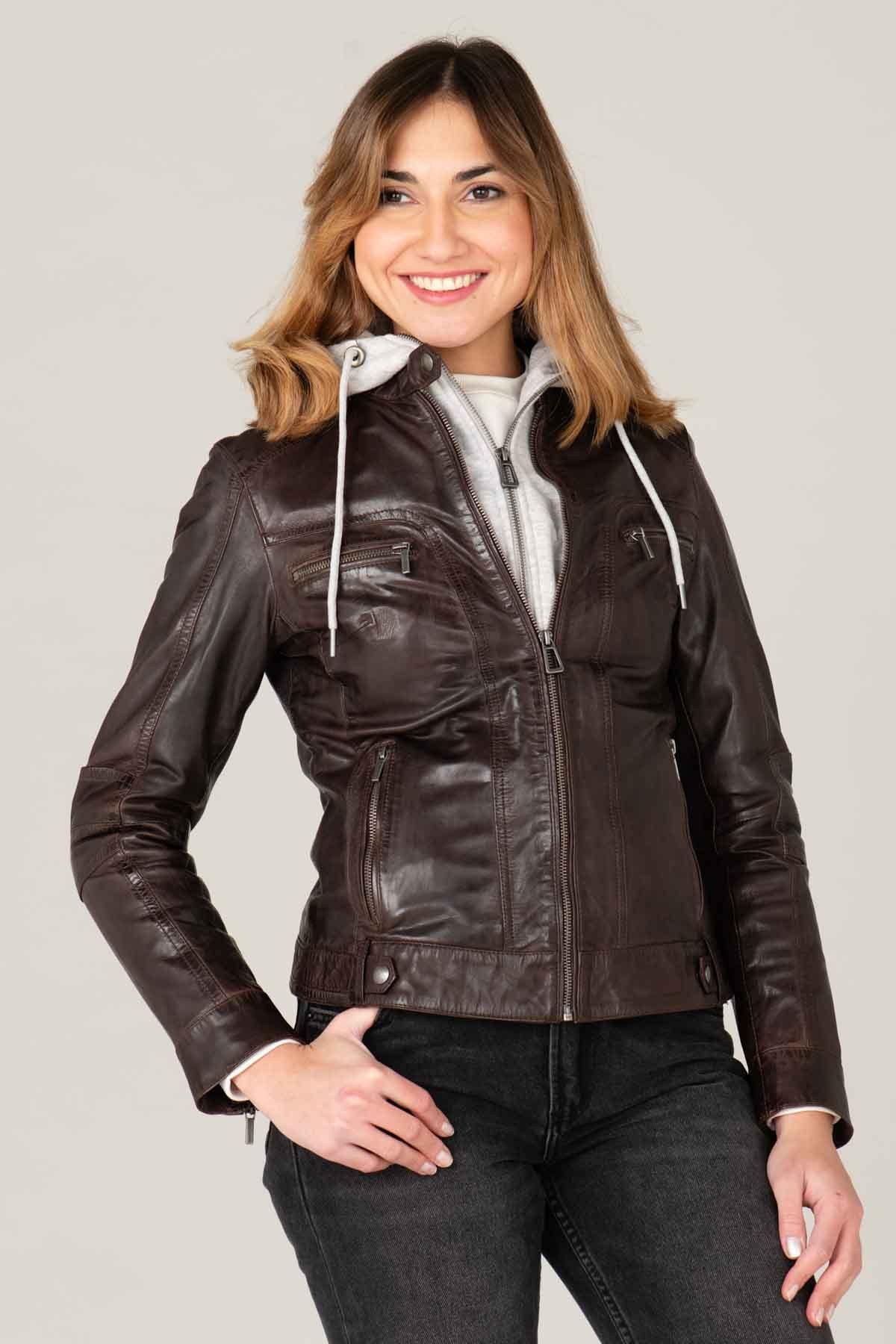 Leather jacket with biker collar and removable hood - Image n°1