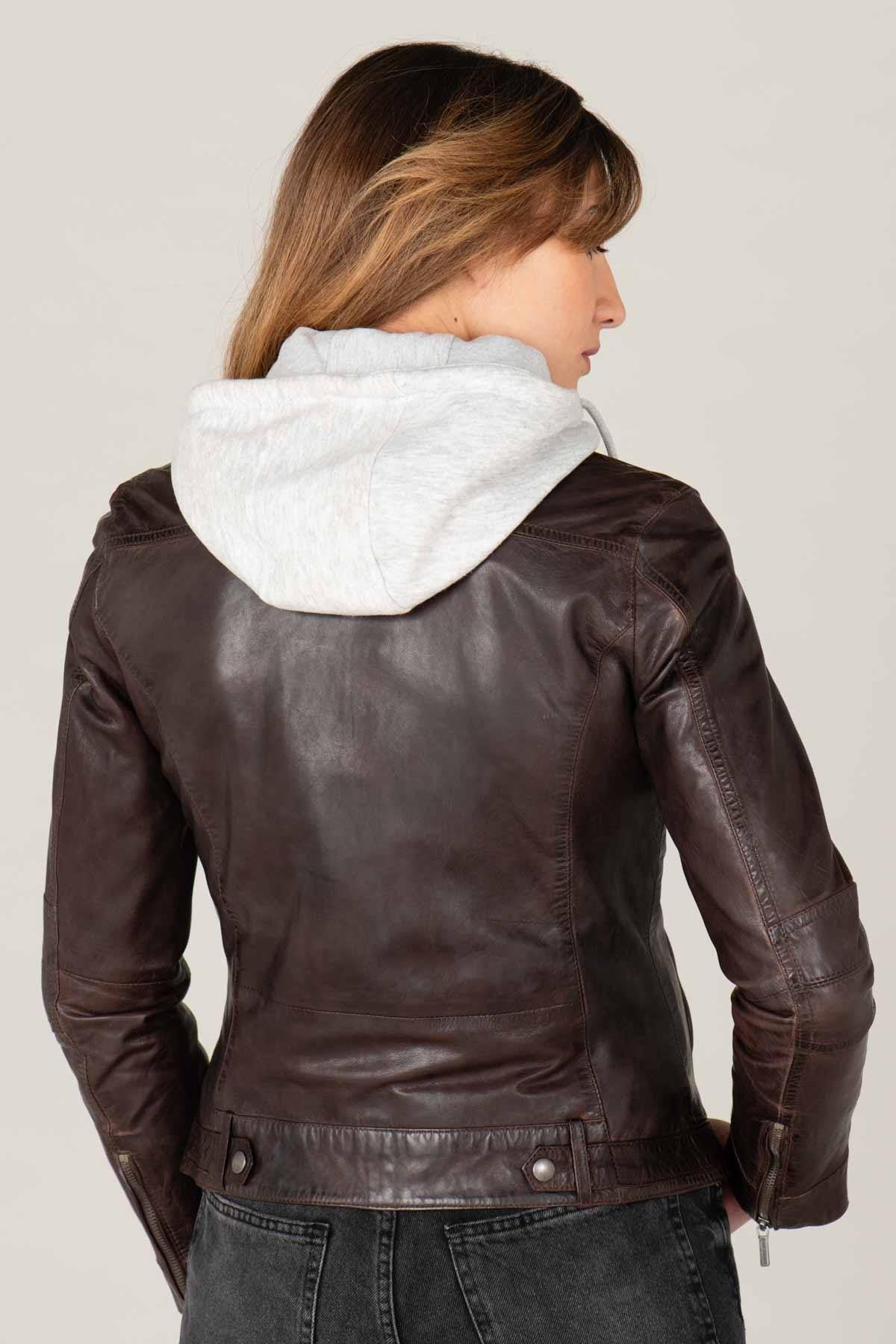 Leather jacket with biker collar and removable hood - Image n°2