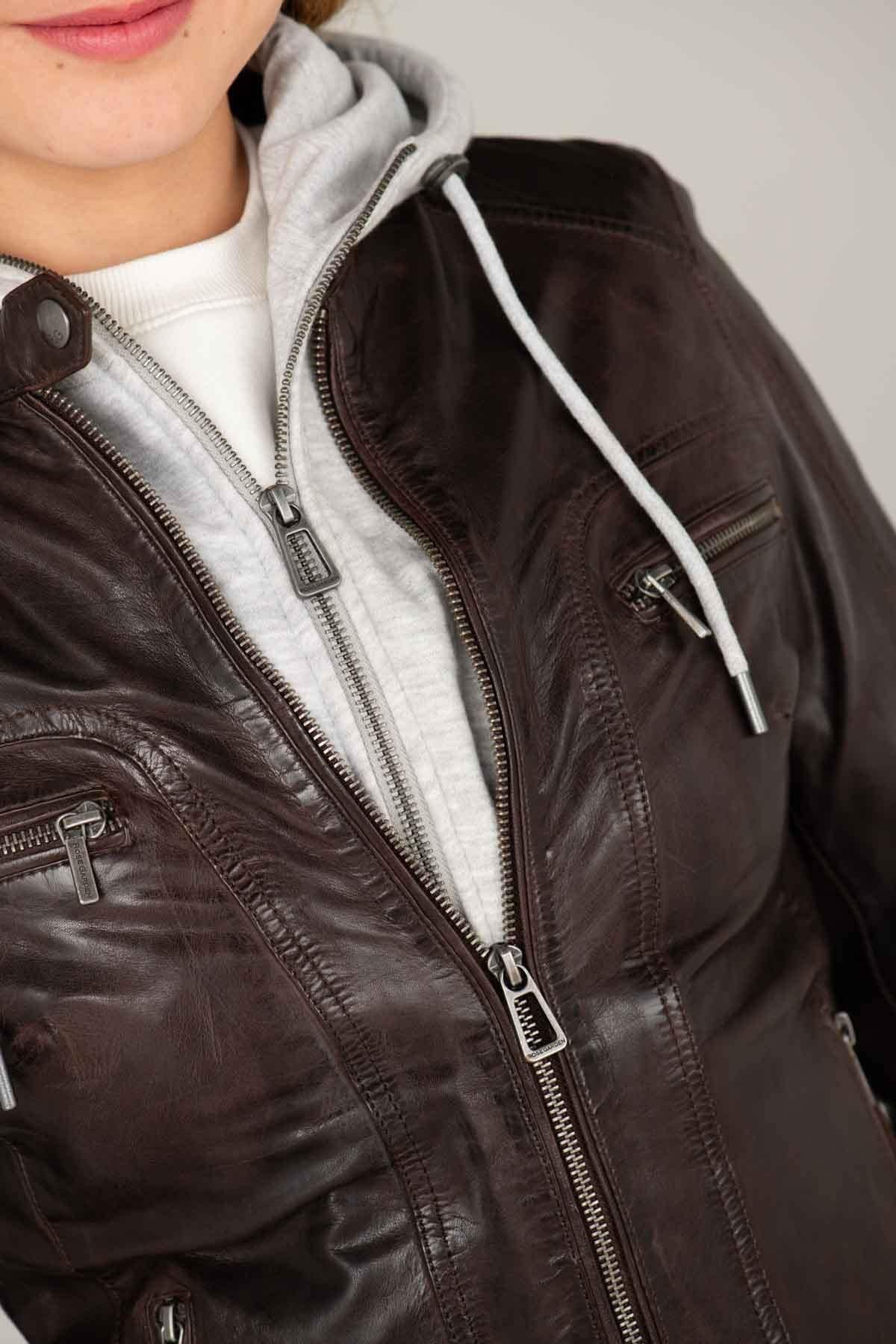 Leather jacket with biker collar and removable hood - Image n°3