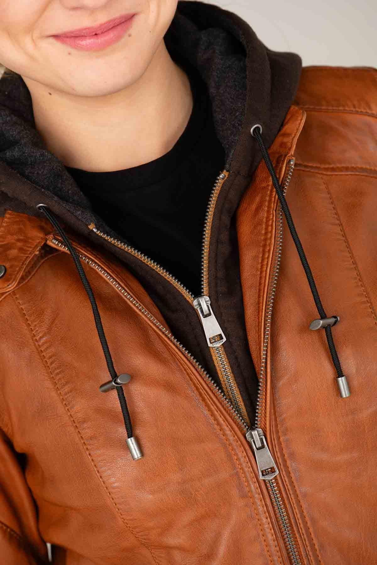 Cognac leather jacket with removable hood - Image n°3